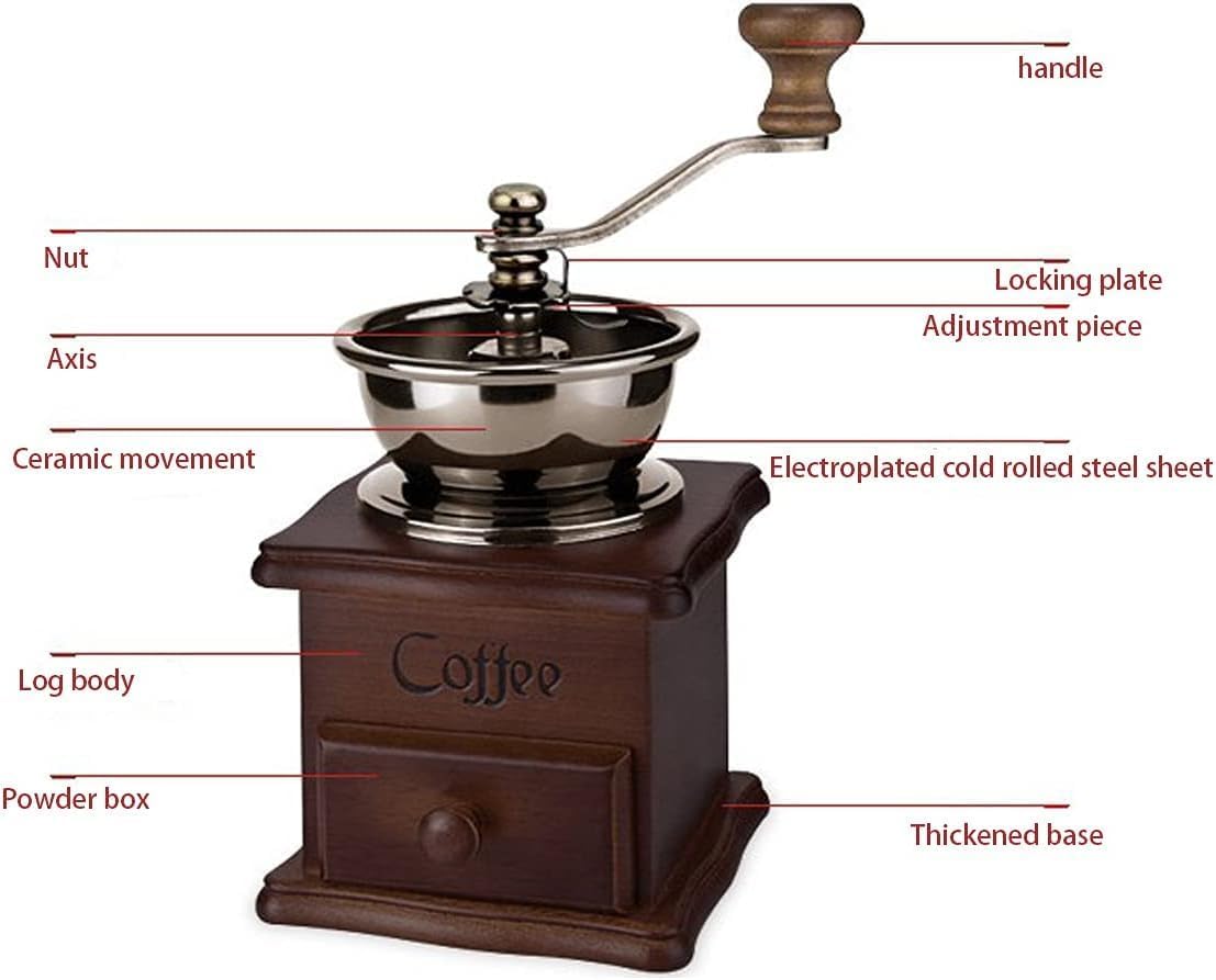 Wooden Manual Coffee Grinder Vintage Style Hand Coffee Mill Burr Coffee Grinder with Ceramic Hand Crank,Wooden Manual Coffee Grinder Cleaning Brush, (Dark Brown Upgraded Version)
