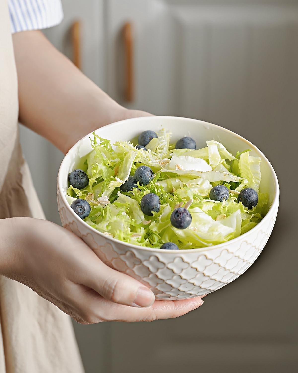 getstar Ceramic Soup Bowls, Cereal Bowl Set of 4 with Assorted Embossment (6.1 inch & 30 oz), Farmhouse Vintage Color Bowls for Kitchen