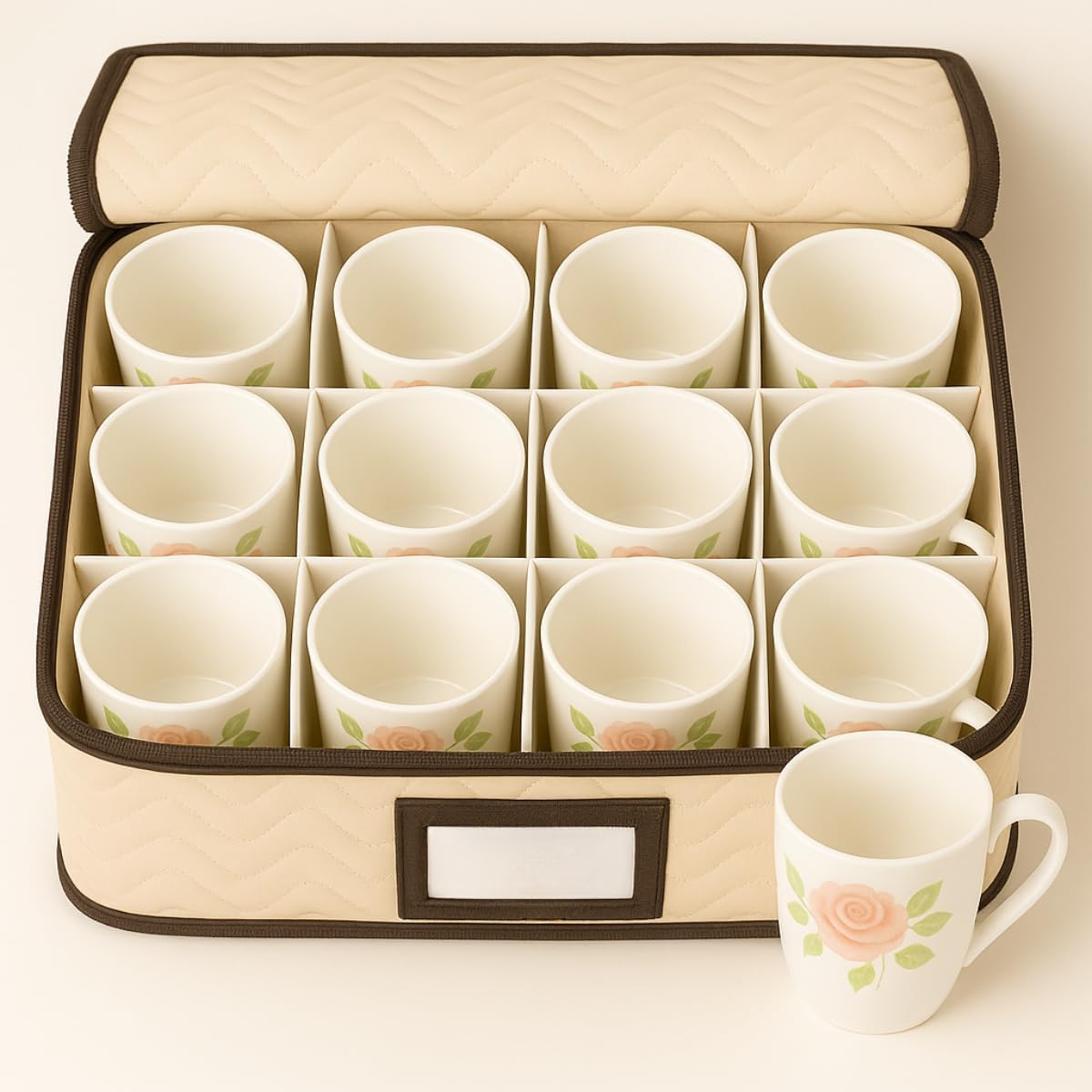 Mugs Storage Container - Quilted Microfiber China Organizer Box with Dividers , Protects & Organizes Up to 12 Mugs - Ideal for Seasonal Dishware Protection
