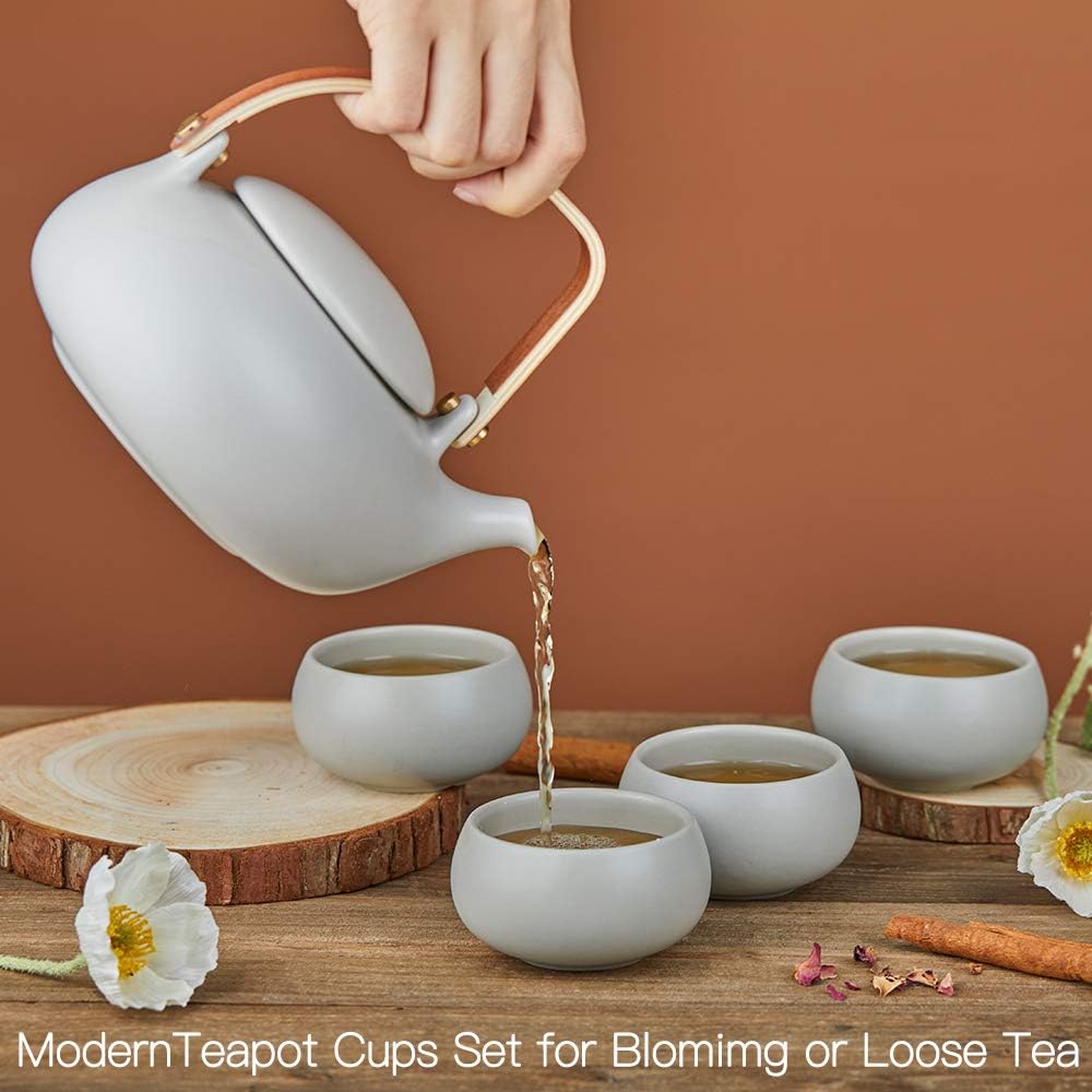 ZENS Vintage Japanese Teapot with Strainer, 27oz Matte Ceramic Loose Leaf Teapot with Infuser, Wood Handle Gray Japanese Teapots Hot Tea Brewer Pot for Women, Tea Lovers Gifts