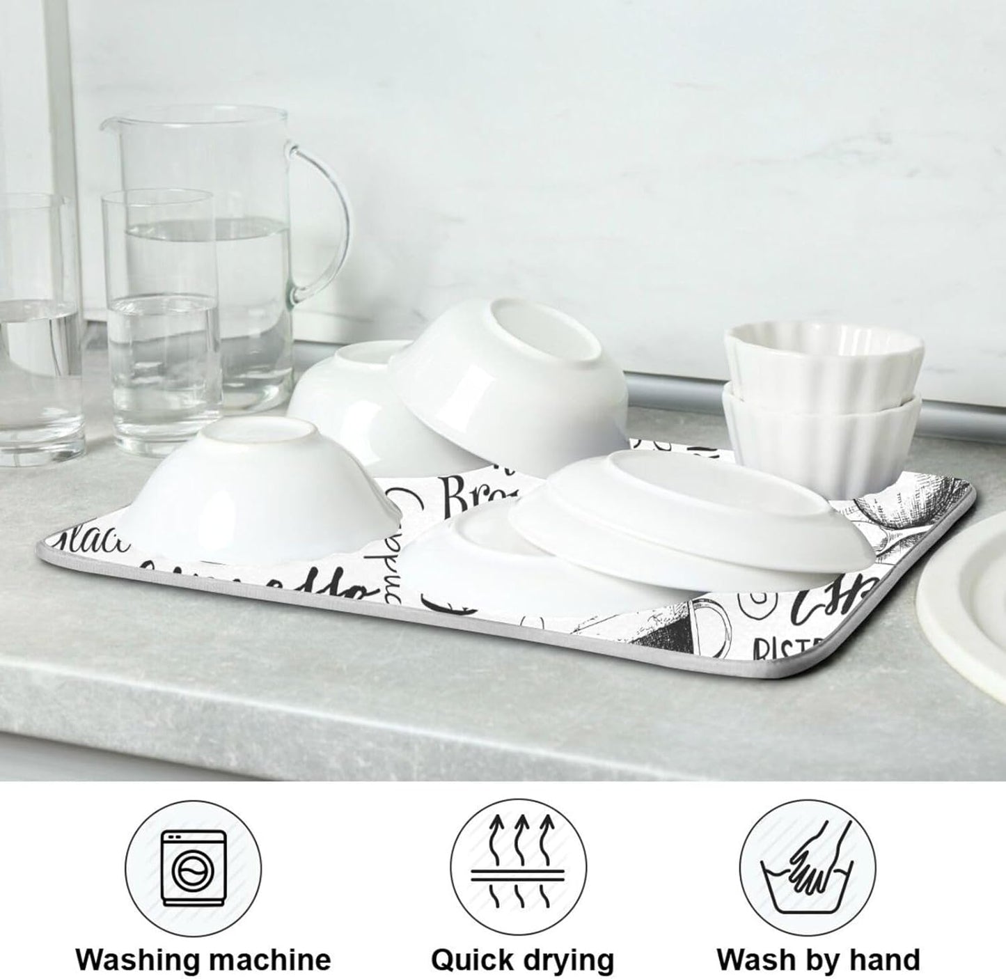 Coffee Cups Print Dish Drying Mat for Kitchen Counter Absorbent Microfiber Drying Pad, Large 18x24 in, Reversible Drainer Mats