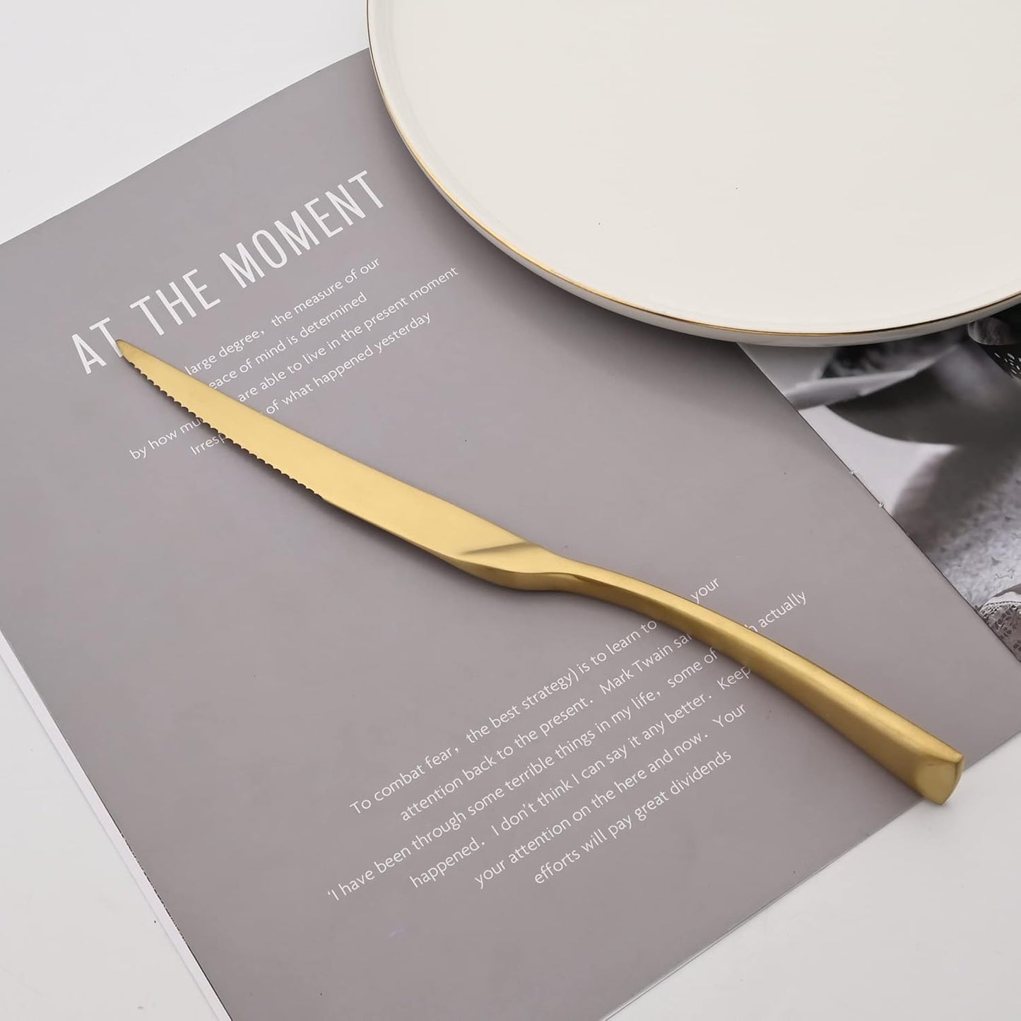 Luxury 18/10 Stainless Steel Matte Champagne gold Flatware Set - Silverware Cutlery Utensil Set Steak Knife Spoon and Fork Knife Serving Set,Service for 1 (6-Piece)