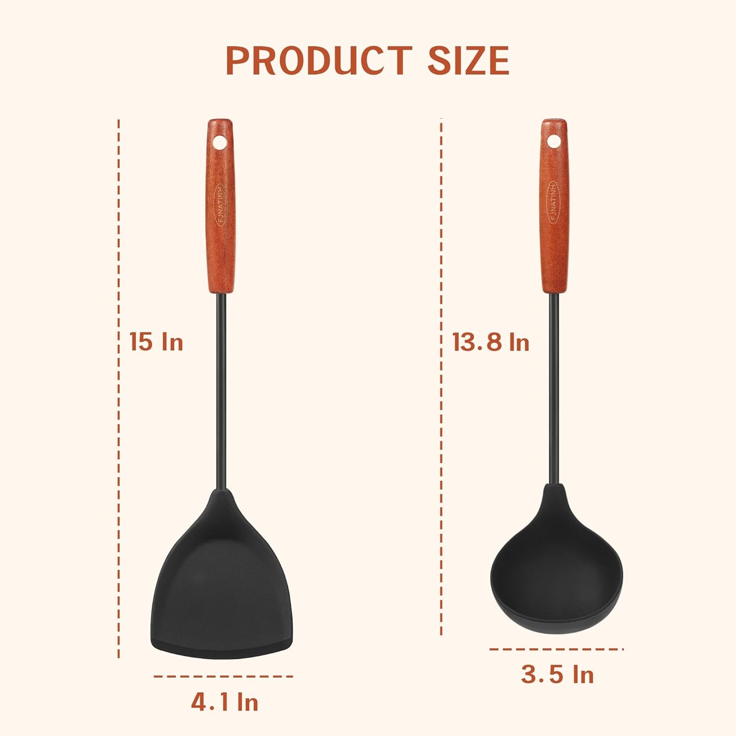 FJNATINH Silicone Wok Spatula and Ladle Tool Set,Non Stick Heat-Resistant Stainless Steel Cooking Utensils BPA Free Kitchen Utensils Cookware, Pack of 2,Black