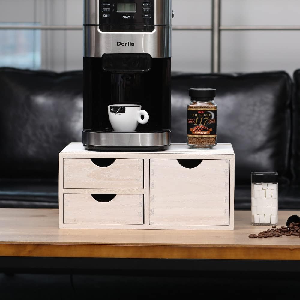 Kitchen Storage Organizer with 3 Drawers for Coffee Brew K Cup/Coffee Pod Holder - Office Organization Drawer for Desk, Multi-Purpose Mini Wood Cabinet Countertop Stand Shelf CF2D3C White