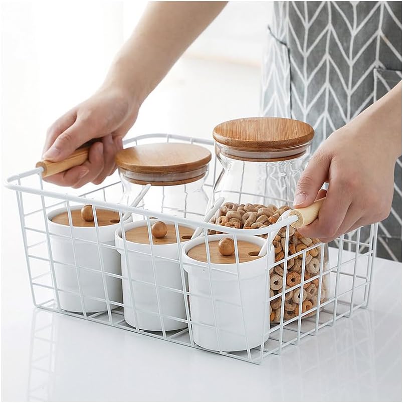 LeleCAT white wire baskets for organizing with Wooden Handles Storage Organizer Baskets, Household snack basket for Cabinets, Pantry, Closets, Bedrooms, pantry organizers and storage - Set of 2(White)