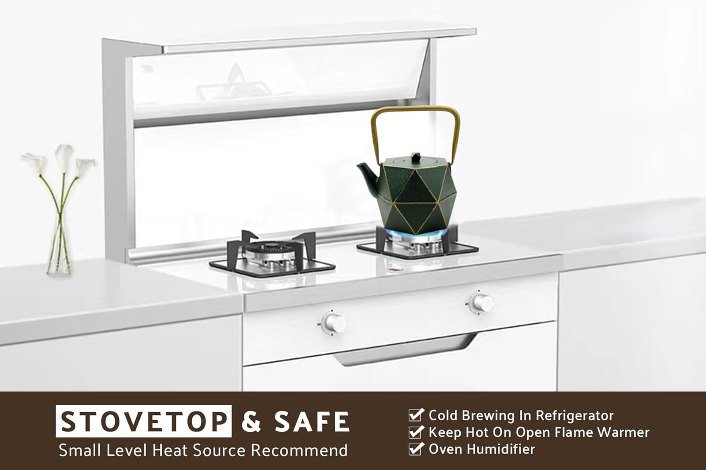 Toptier Cast Iron Teapot, Stovetop Safe Japanese Cast Iron Tea Kettle, Diamond Design Tea Pot with Removable Infuser for Loose Tea, 40 Ounce (1200 ml), Dark Green