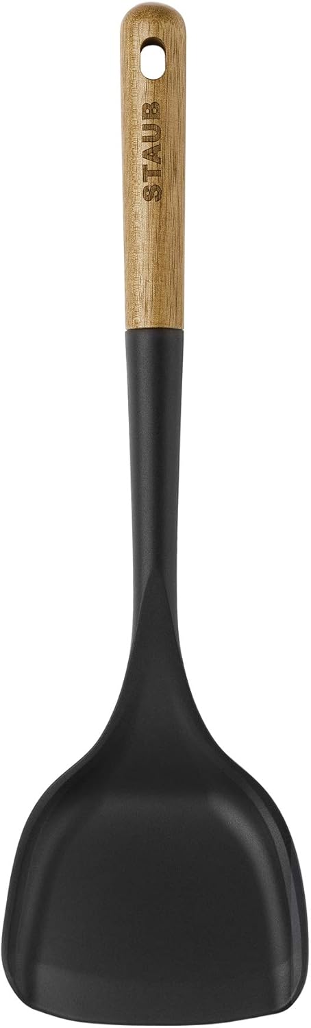 STAUB Wok Spatula, Perfect for Scooping, Flipping, Stirring, and Turning Stir Fries, One Size, Durable BPA-free Matte Black Silicone, Acacia Wood Handles, Safe for Nonstick Cooking Surfaces