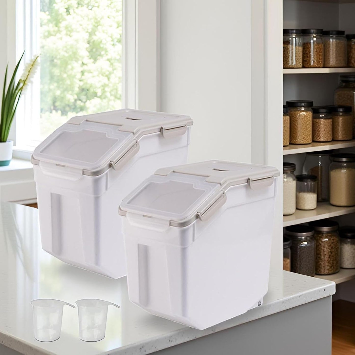 Airtight Flour Storage Container Bin 50lbs (2 Pack) - BPA Free Rice & Food Dispenser with Locking Lid, Measuring Cup & Scoop - Kitchen Pantry Organizer for Cereal, Grain, Pet Food (Grey)