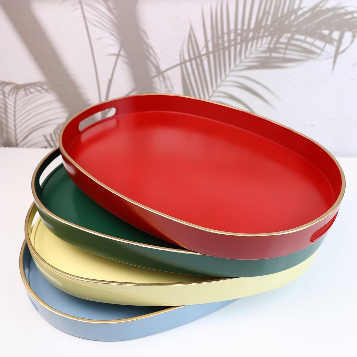 Spsyrine Dark Green Plastic Serving Tray for Ottoman, Coffee Table, Oval Decorative Tray for Entertaining, Outdoor, Living Room, Home Decor