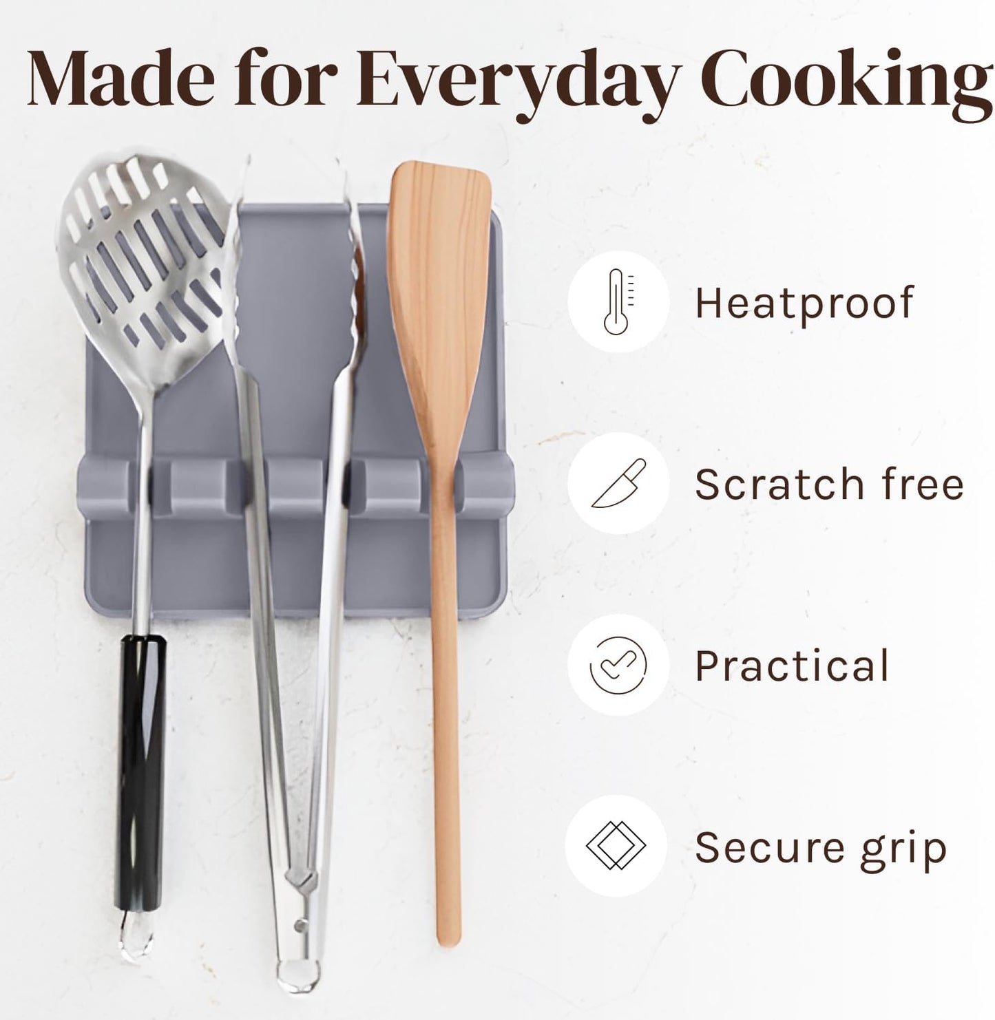 Silicone Spoon Rest for Stove Top with Drip Pad (2 Pack) - Heat Resistant BPA Free Utensil Rest & Kitchen Spoon Holder for Kitchen Counter - Grill Countertop - Spatula Holder, Tongs, Ladle - Grey