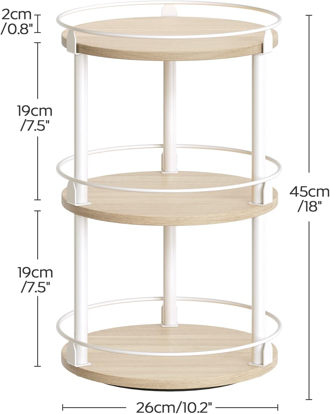 Lazy Susan Organizer, Rotating Spice Rack, 3 Tier Spice Turntable Organizer, Industrial Turntable Spice Holder, for Kitchen Countertop, Compact and Versatile, White and Light Oak SR23WG