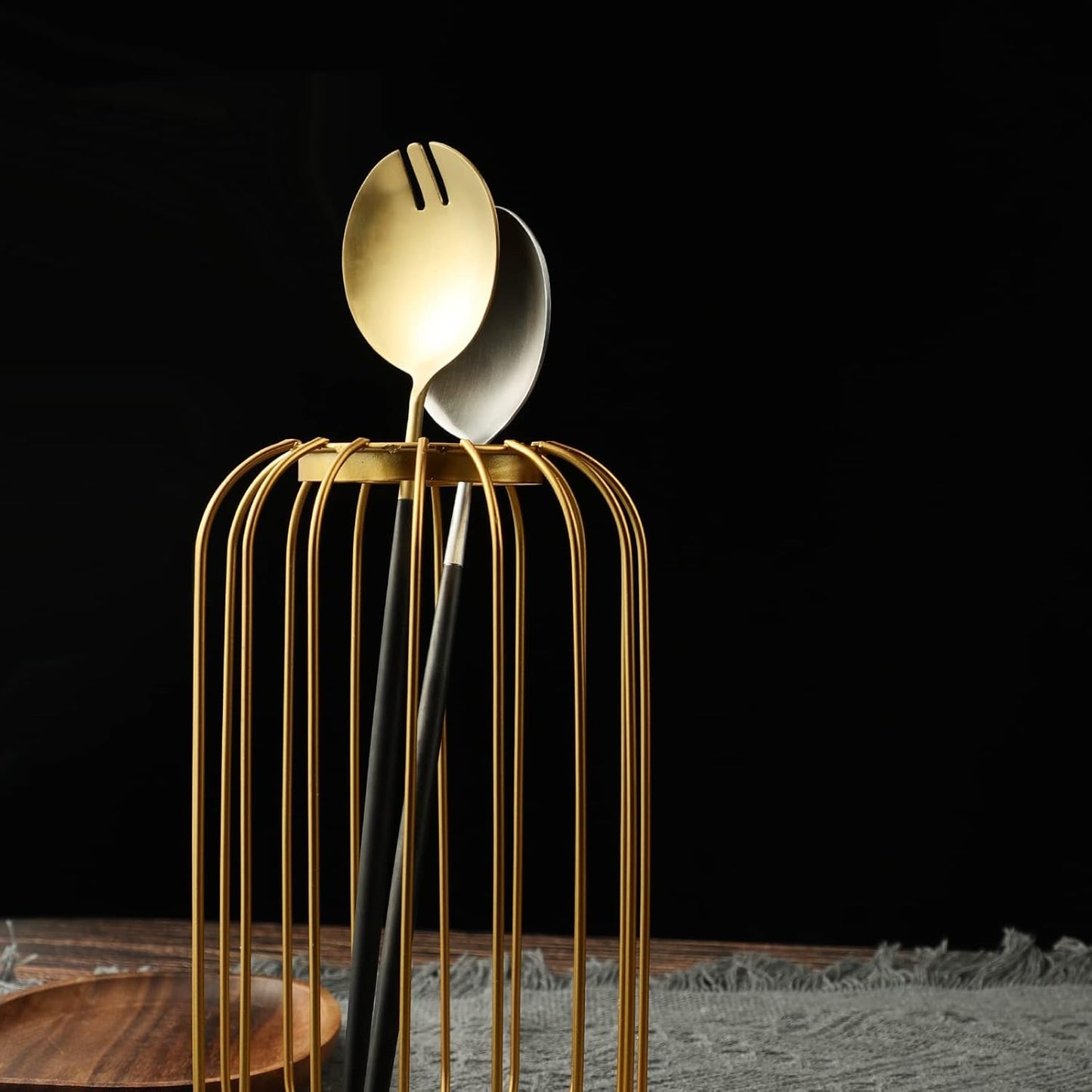 Salad Servers,Spoon and Fork Set 11.41 inch,18/10 Stainless Steel Salad Serving Titanium Plating (black gold)