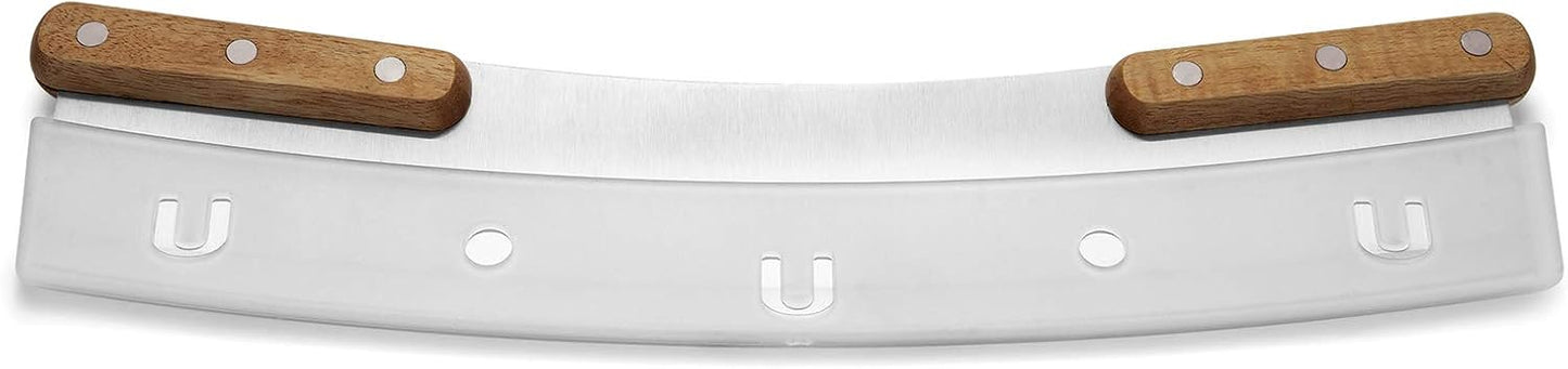 Outset Acacia Wood Handled Extra-Large Pizza Rocker with Protective Case, 13-Inch Blade, Stainless Steel