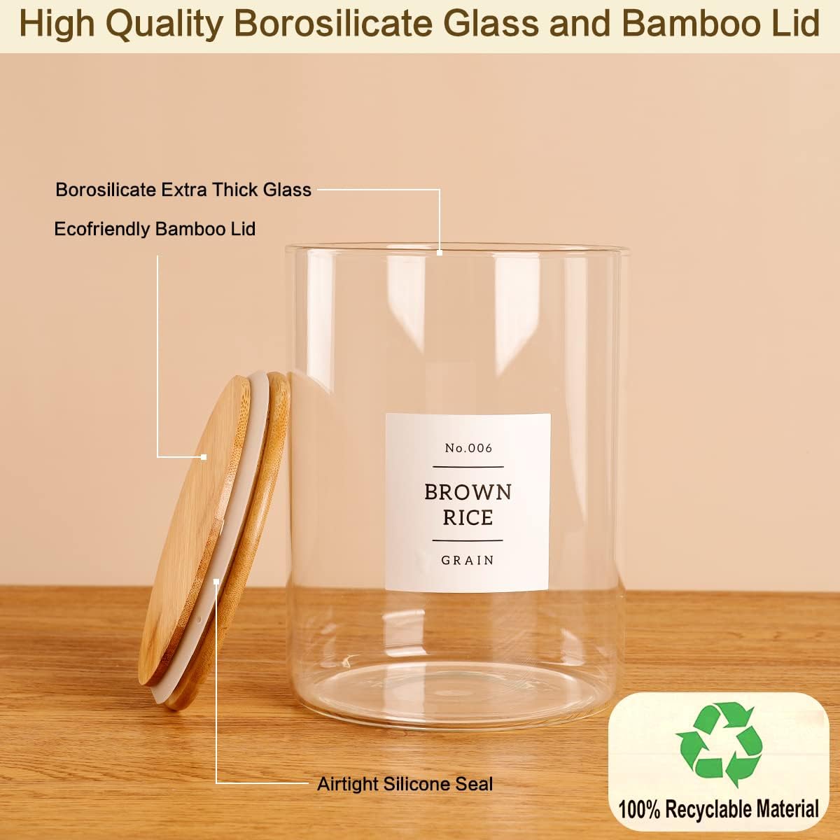 Large Glass Storage Jars With Airtight Bamboo Lid - 100 Fl Oz Thicken Kitchen Glass Food Storage Canister With 42 Pantry Labels - Big Clear Flour And Sugar Containers Farmhouse