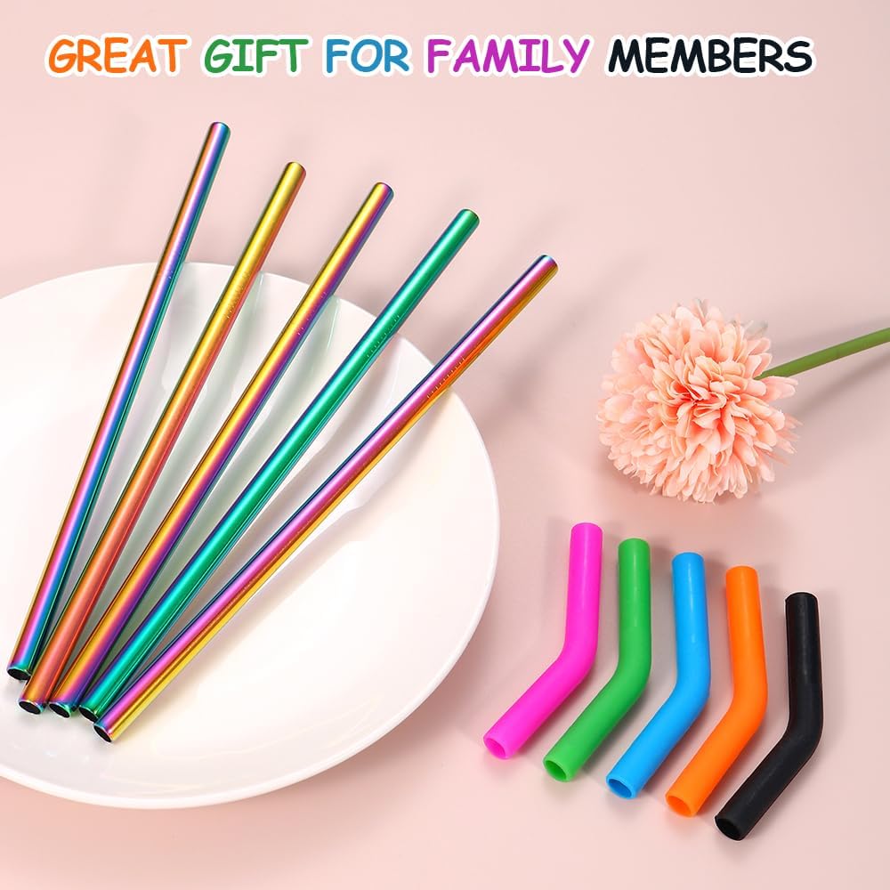 Lazycorner Reusable Stainless Steel Straws Metal Straw with Silicone Tip 5 Pcs 8mm Wide for 20/30/32oz Tumblers Smoothies and Shakes with 2 Cleaning Brushes,1 Portable Bag (Rainbow)