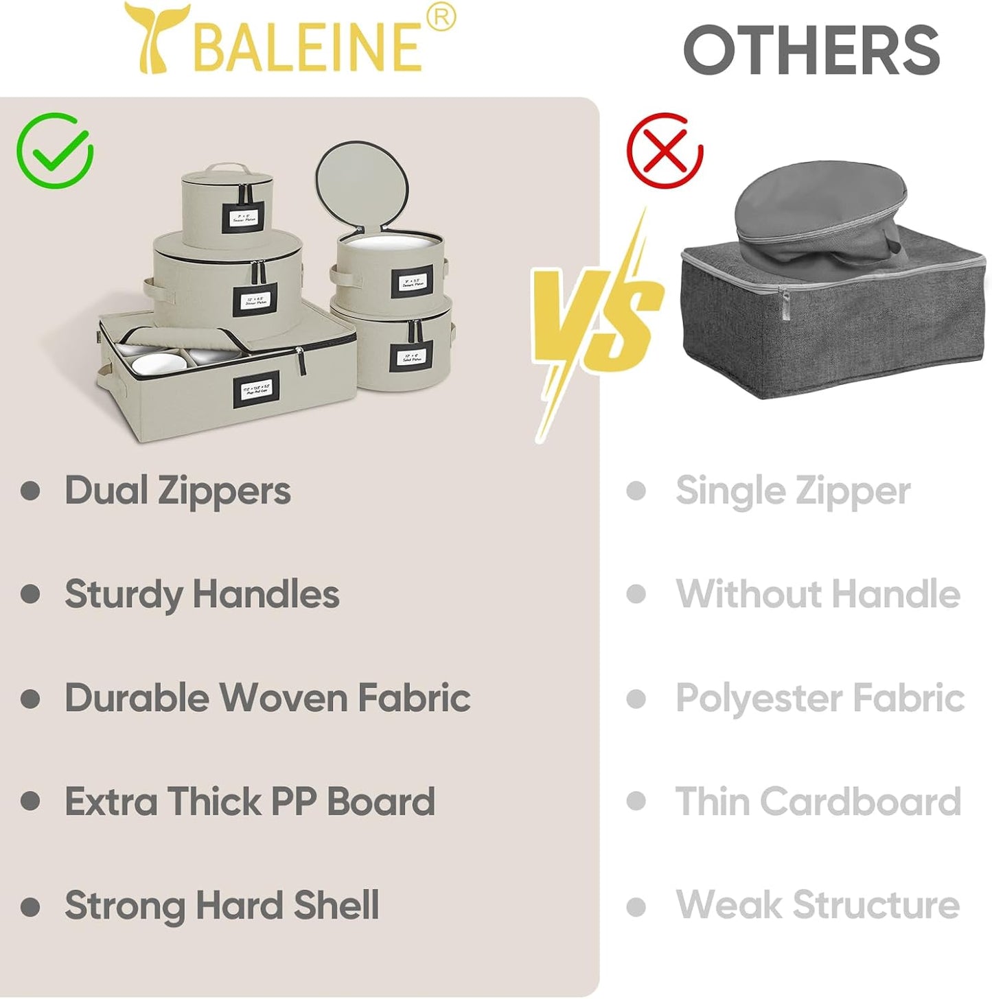 BALEINE China Storage Containers, Sturdy Quilted Wine Glass Storage, Plate Organizer with Carry Handles, Moving Boxes for Dishes, Cups, Mugs and Stemware (Plate Mug Combo, Hard Shell Cream)