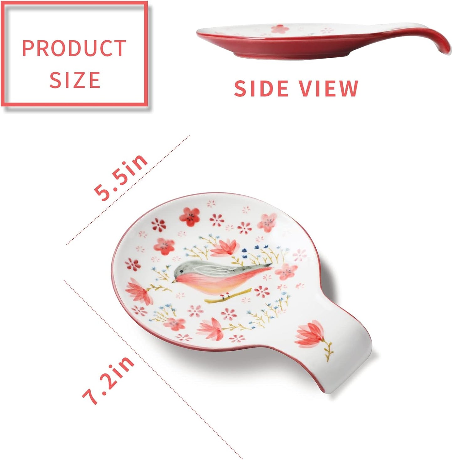 Hand Painted Spoon Rest, 5.5" Ceramic Spoon Holder for Stove Top and Kitchen Counter, Red Spring Bird Utensil Rest, Great Cooking Gifts for Bird Lover/Friend, Modern Kitchen Decorative