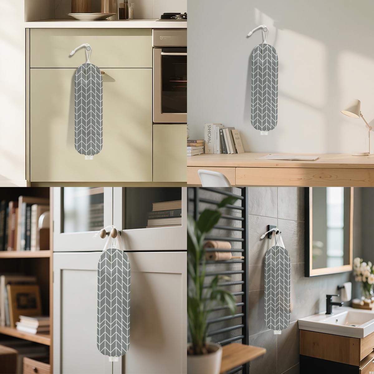 Gray Geometric Lines Plastic Bag Holder, Wall Mount Grocery Bag Holder for Plastic Bags, Abstract Art Kitchen Reusable Organizer Grocery Bags with Drawstring, Minimalist Gifts for Women Mom Grandma