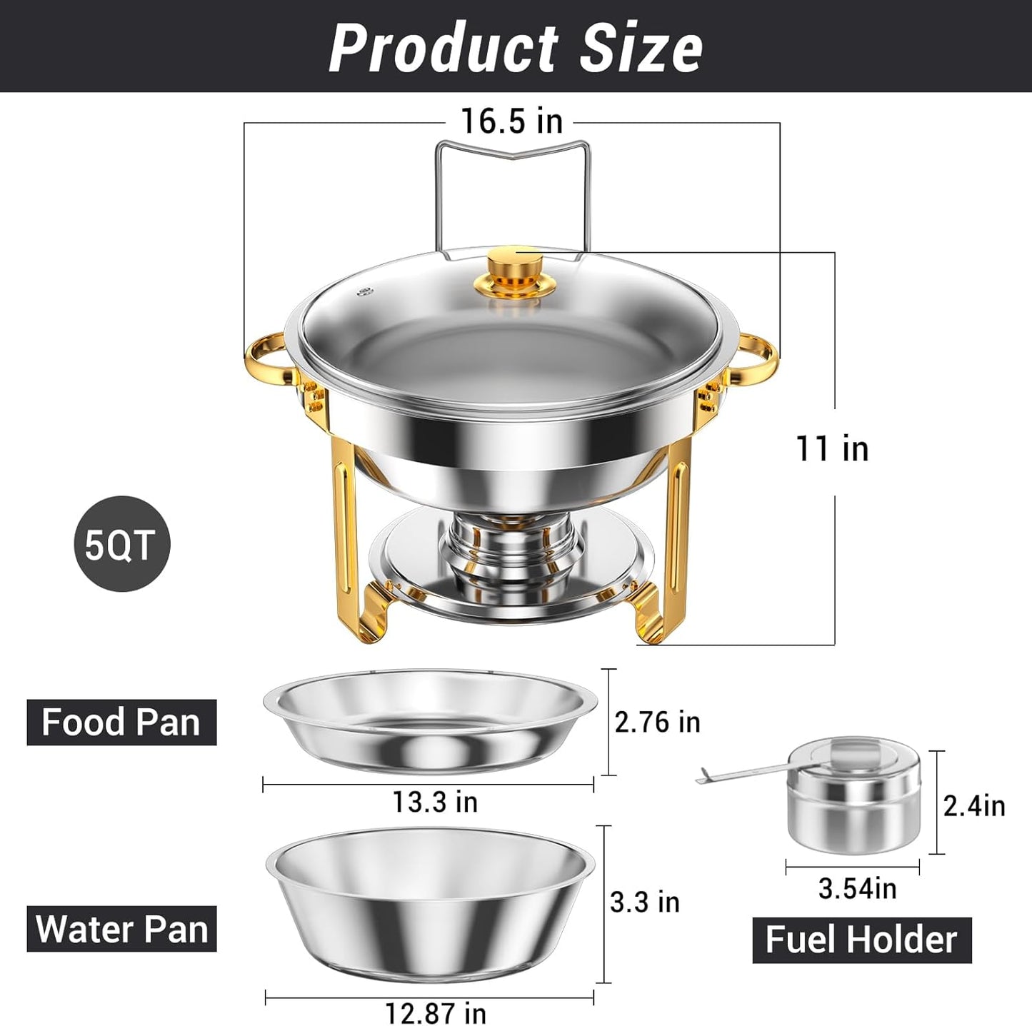 Round Chafing Dishes for Buffet 5 Qt,High Grade Chafing Dish Buffet Set, Full Size Pan,Rolled-Edge Design Food Warmers for Parties,Buffet,Wedding,Birthday,Camping 4 PACK (Half Gold-Glass)