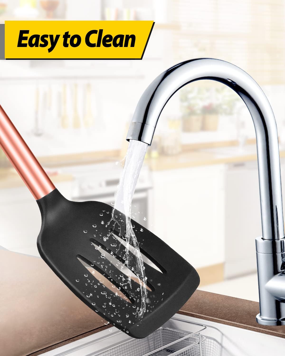 Pack of 2 Silicone Solid Turner, Non Stick Slotted Kitchen Spatulas, High Heat Resistant BPA Free Cooking Utensils, Ideal Cookware for Fish, Eggs, Pancakes(Rose Gold Black)