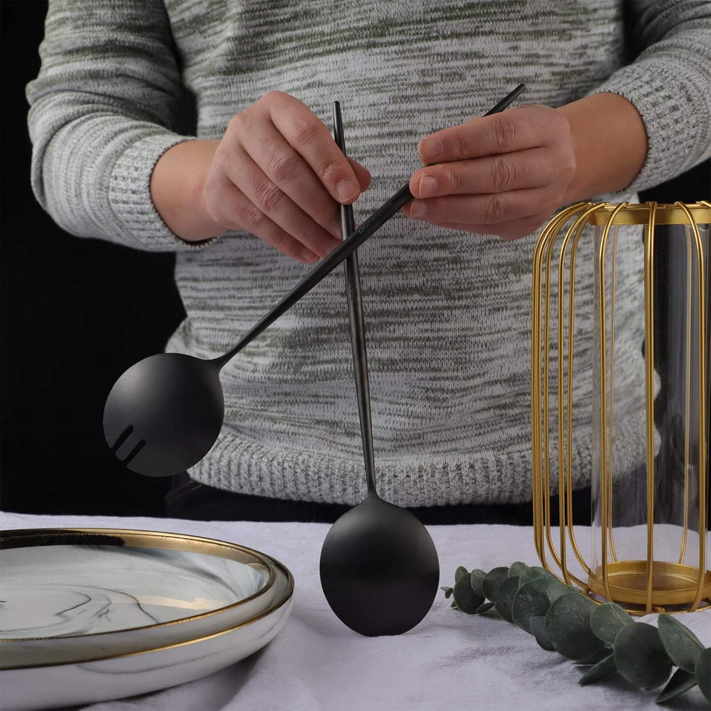 Salad Servers,Spoon and Fork Set 11.41 inch,18/10 Stainless Steel Salad Serving Titanium Plating (Black)