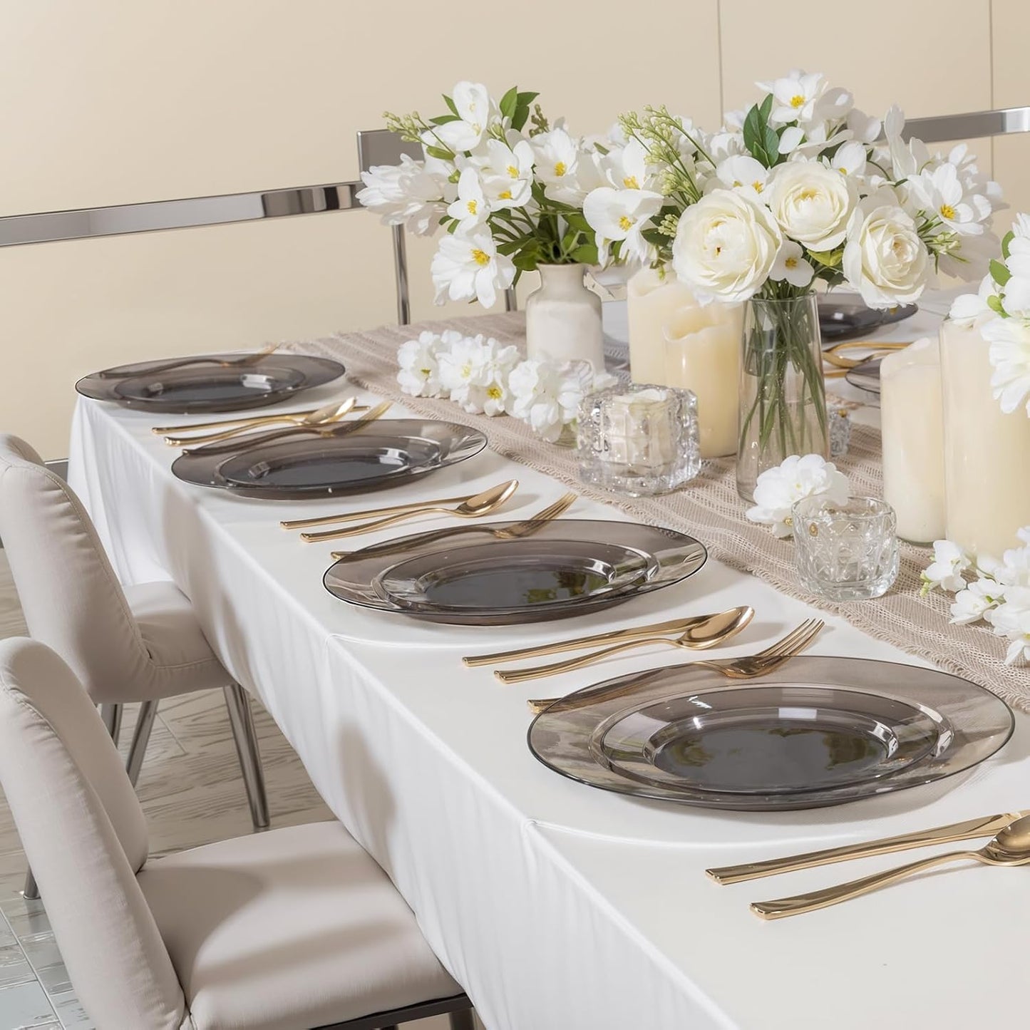 I00000 200 Pcs Clear Black Plastic Plates, Black Disposable Party Plates Include 100 Dinner Plate 10’’ and 100 Dessert Plate 7’’ Perfect for Birthday, Party & Wedding