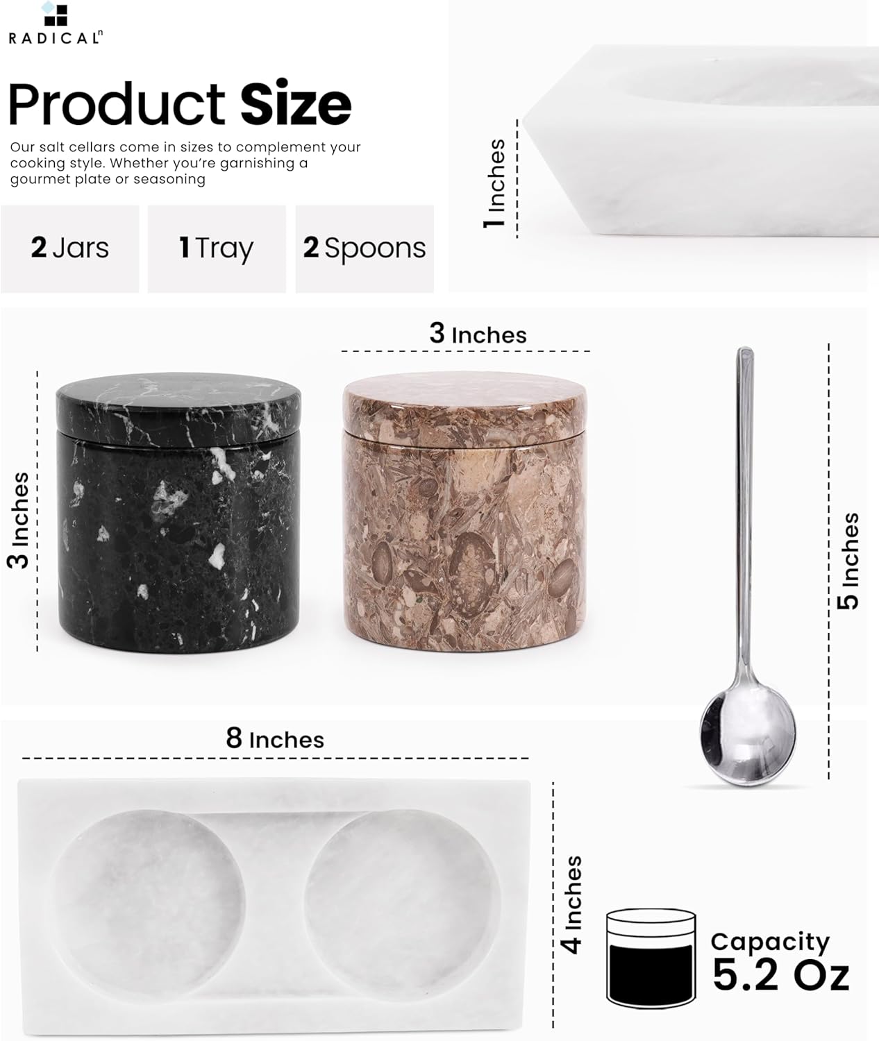 Radicaln Marble Salt Cellar with Lid and Tray 3" Inch Handmade Oceanic & Black Salt Container, Set of 2 Seasoning Jars for Kitchen countertop, Ideal Sugar bowl