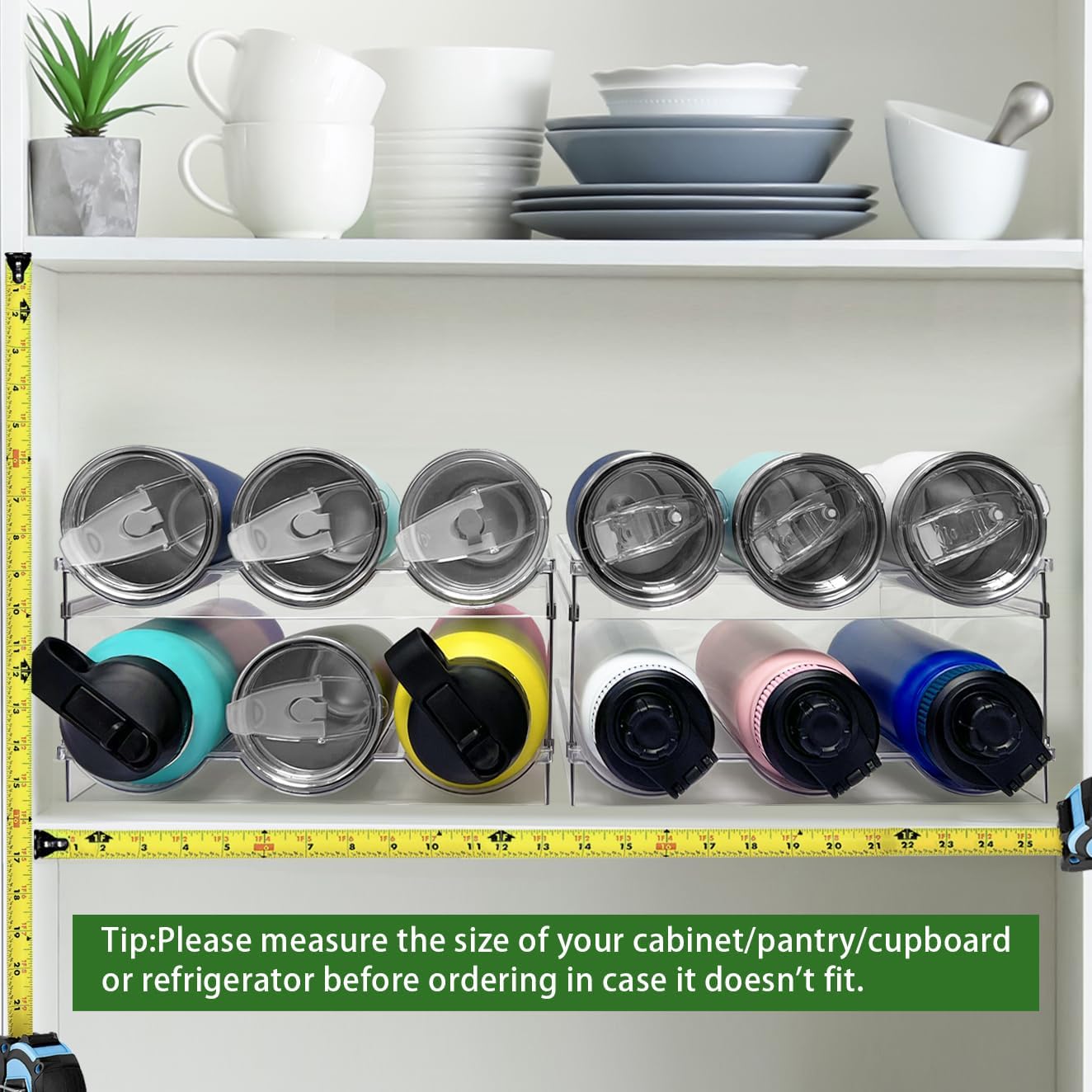 2 Pack Water Bottle Organizer, Stackable Kitchen Pantry Storage Shelf, Plastic Water Bottle Holder for Cabinet and Fridge Organization