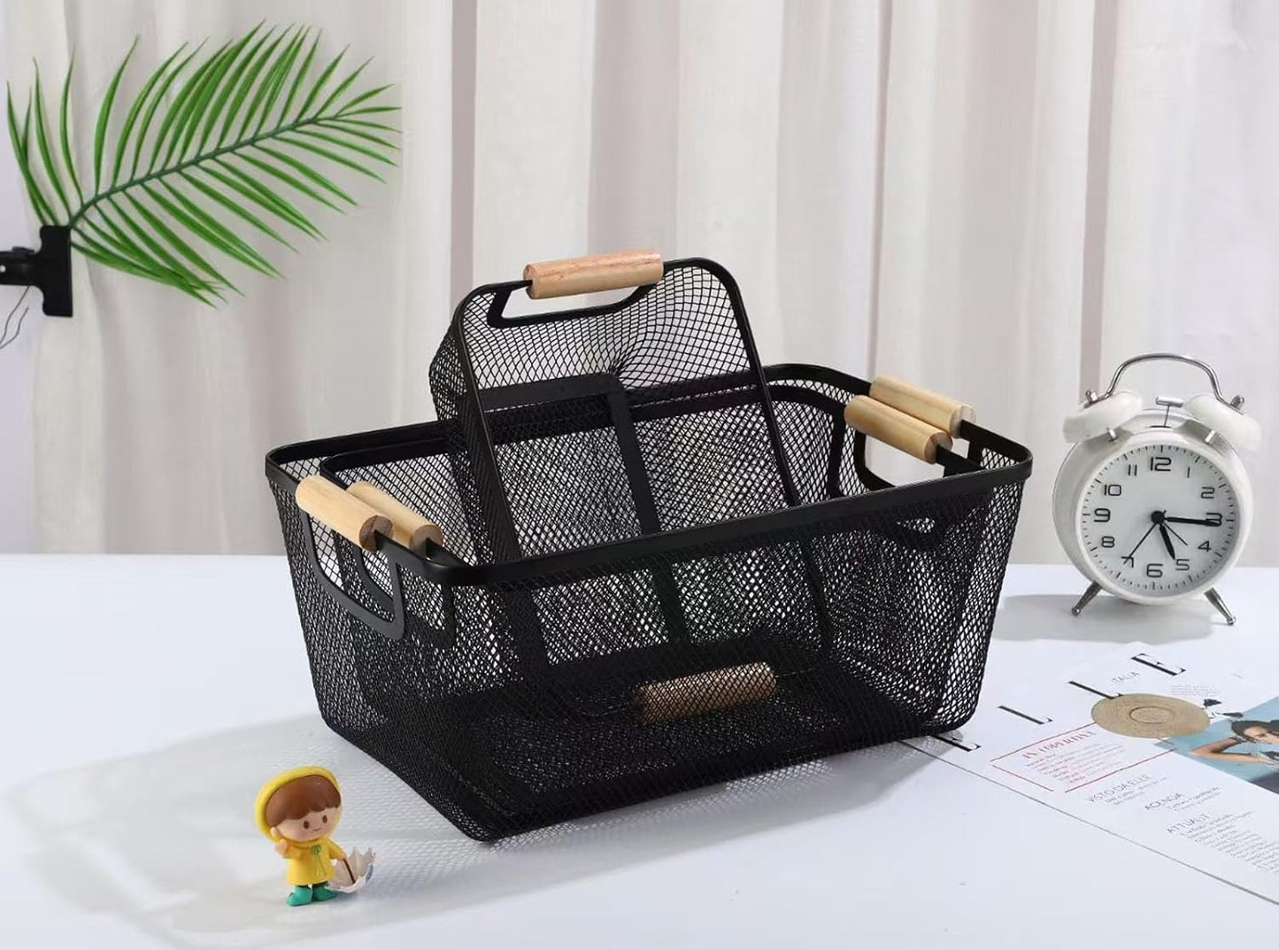 Metal Mesh Steel Basket, Medium Wire Storage Organizer Basket Multi-function Hanging Kitchen Basket with Wood Handle for Kitchen Bathroom Picnic Home, Rectangle-Black