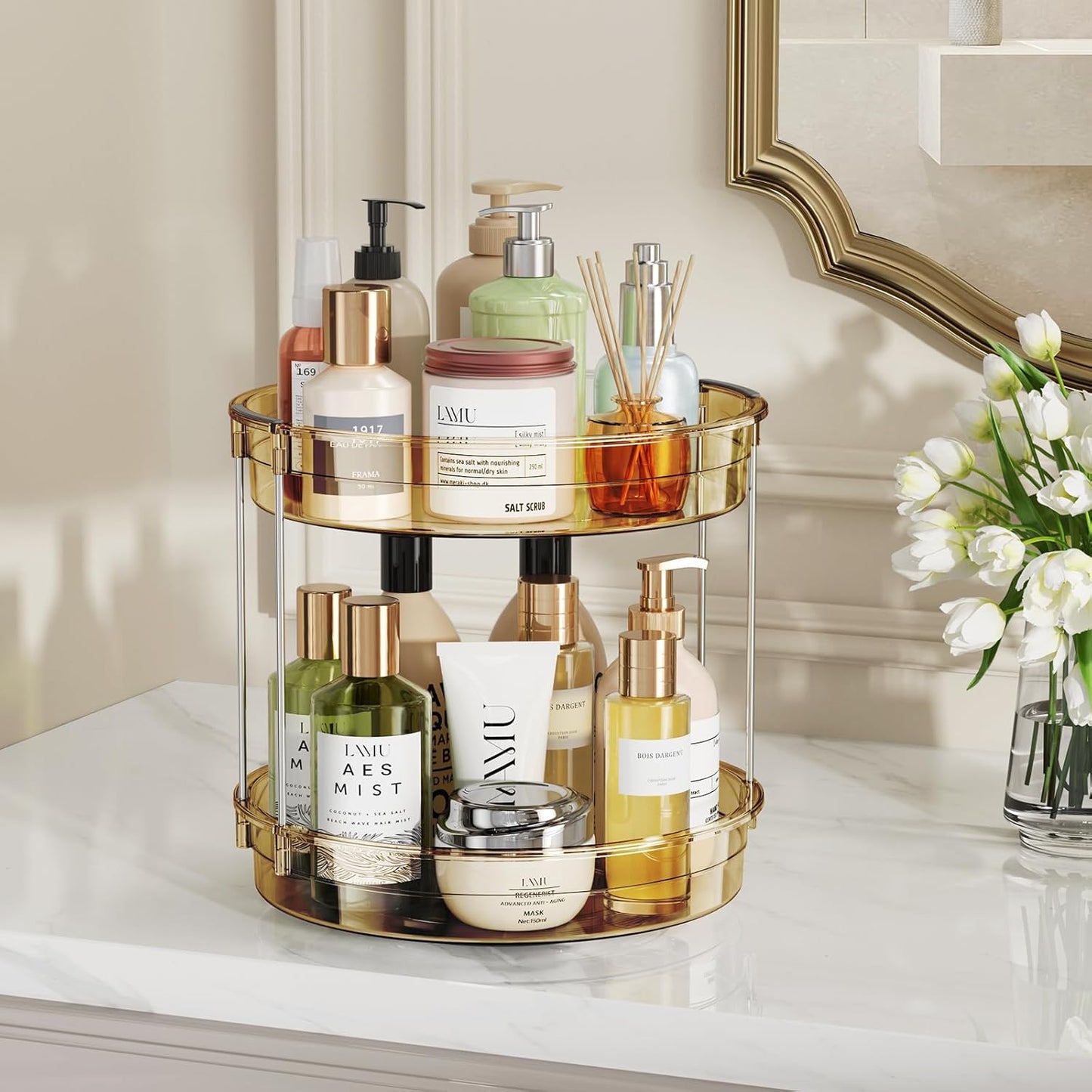 LAMU 2 Pack 2 Tier Lazy Susan Turntable Organizer 12'' Rotating Spice Rack Organization for Cabinet, Kitchen, Pantry, Countertop, Bathroom, Vanity, Medicine Cabinet Organizer, Amber