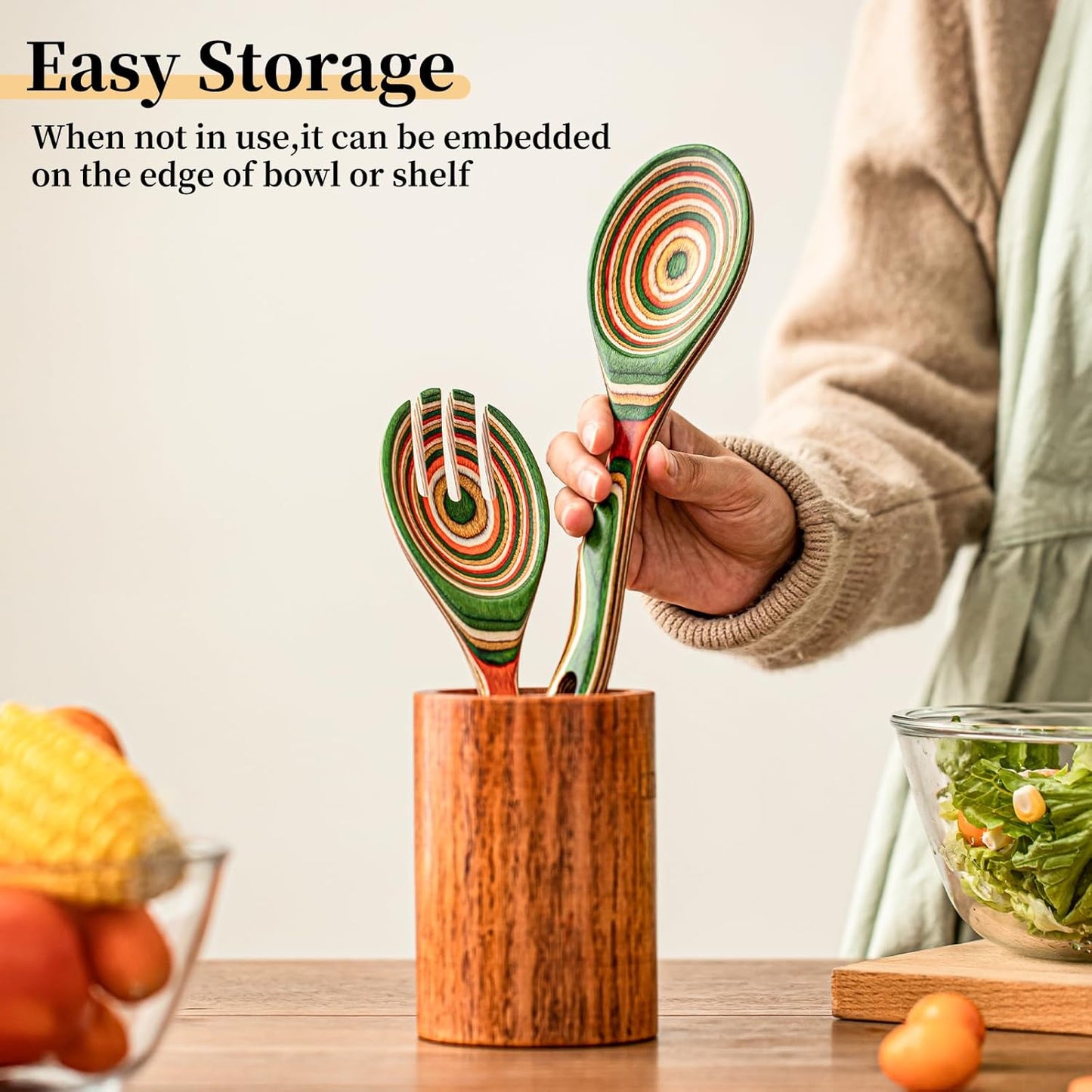 Gudamaye Pakkawood Wooden Salad Server Set,10.5 inch Salad Tongs for Serving including Salad Mixing Dinner Fork and Spoon,Long Handle Salad Server Set