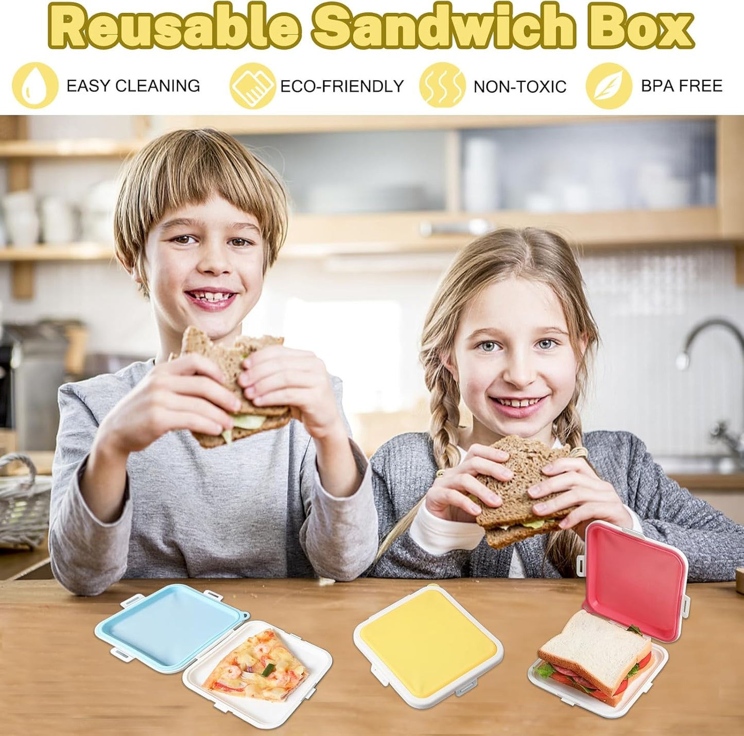 Sandwich Containers, Silicone Sandwich Storage with Snap-Off,Sandwich Box for Lunch,BPA Free,Leakproof, Reusable Plastic Sandwich Holder for Fruit,Salad,Snacks and Food Storage (yellow)