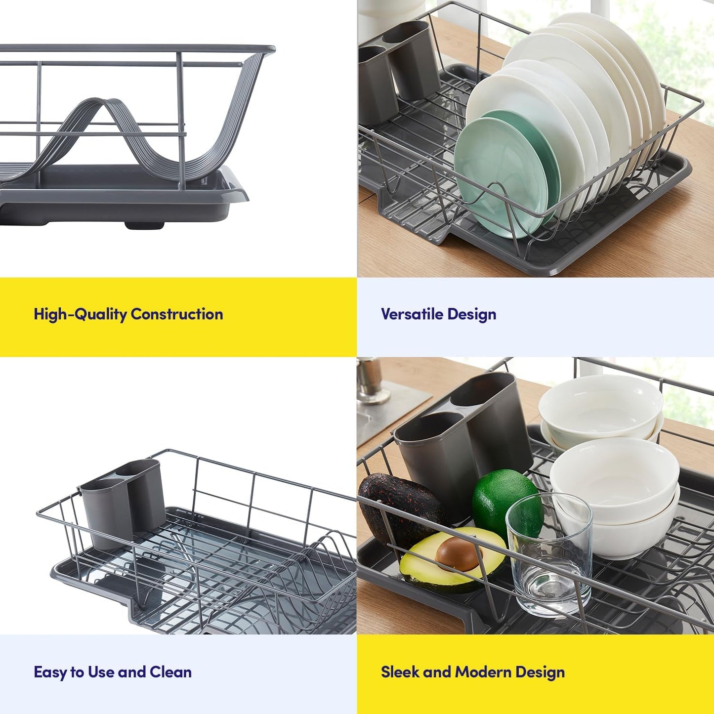Sweet Home Collection Space-Saving 3-Piece Dish Drainer Rack Set: Efficient Kitchen Organizer for Quick Drying and Storage - Includes Cutlery Holder and Drainboard - Maximize Countertop Space, Gray