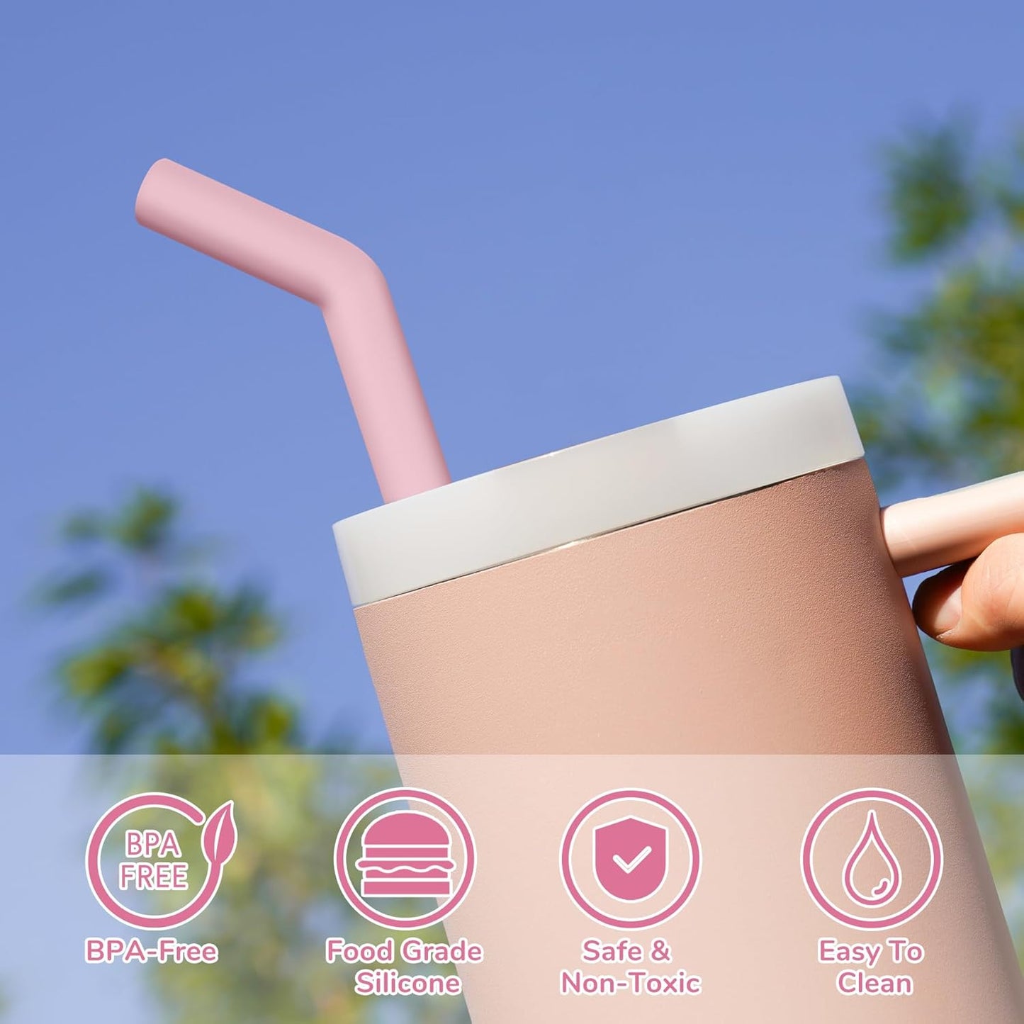 Tomorotec 6PCS Stainless Steel Straws with Silicone Tips for Stanley Tumbler 40oz, 13-Inch Reusable Straw Set with Colorful Extenders & 2 Brushes, Compatible with Wide Mouth Cups (Pink Series)