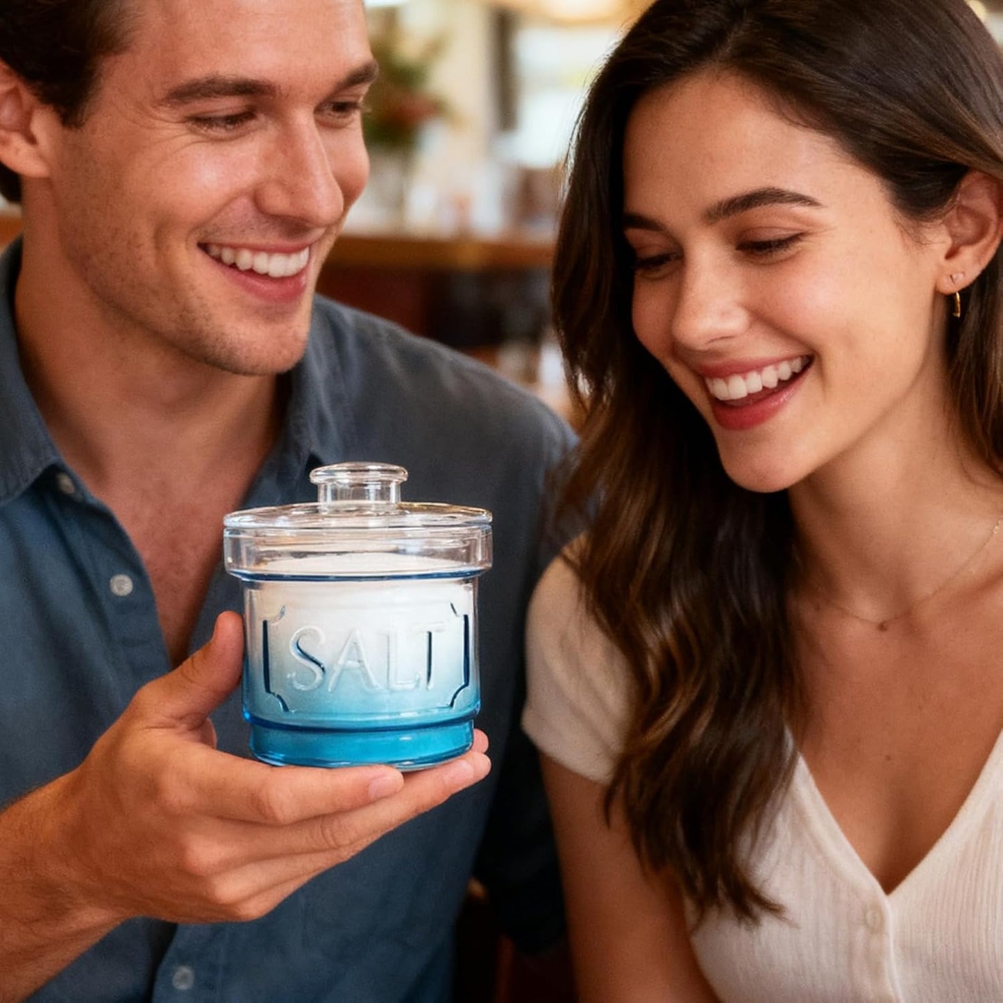 Glass Salt Cellar with Lid Salt Container with Spoon for Countertop Embossed Pattern Salt Box for Storing Sea Salt Flaky Salt Spice 12oz Capacity Holder,Gradient Blue