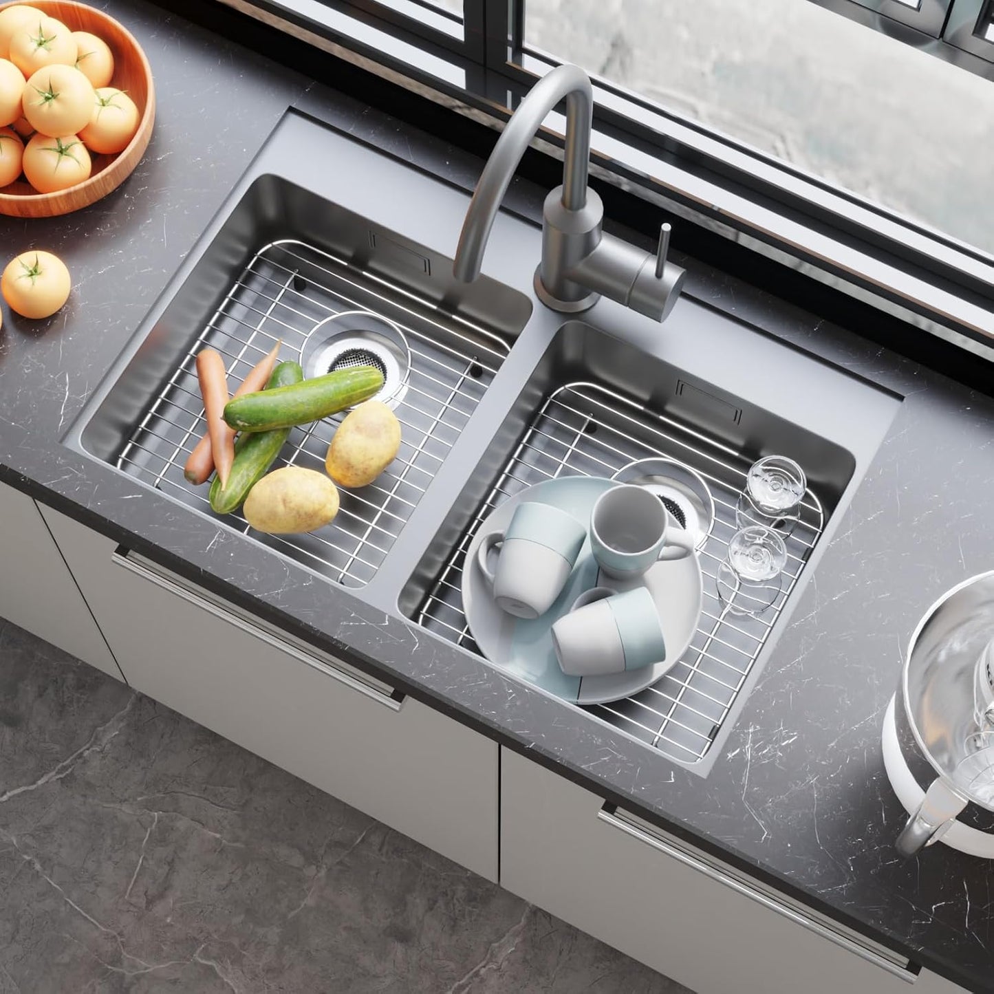 2Pack Stainless Steel Sink Protectors for Kitchen Sink, 13.12’’x11.6’’ Sink Protector Grid with Rear Drain, Rust Resistant Sink Grate for Bottom of Kitchen Sink with 2Pack Sink Drain Strainer