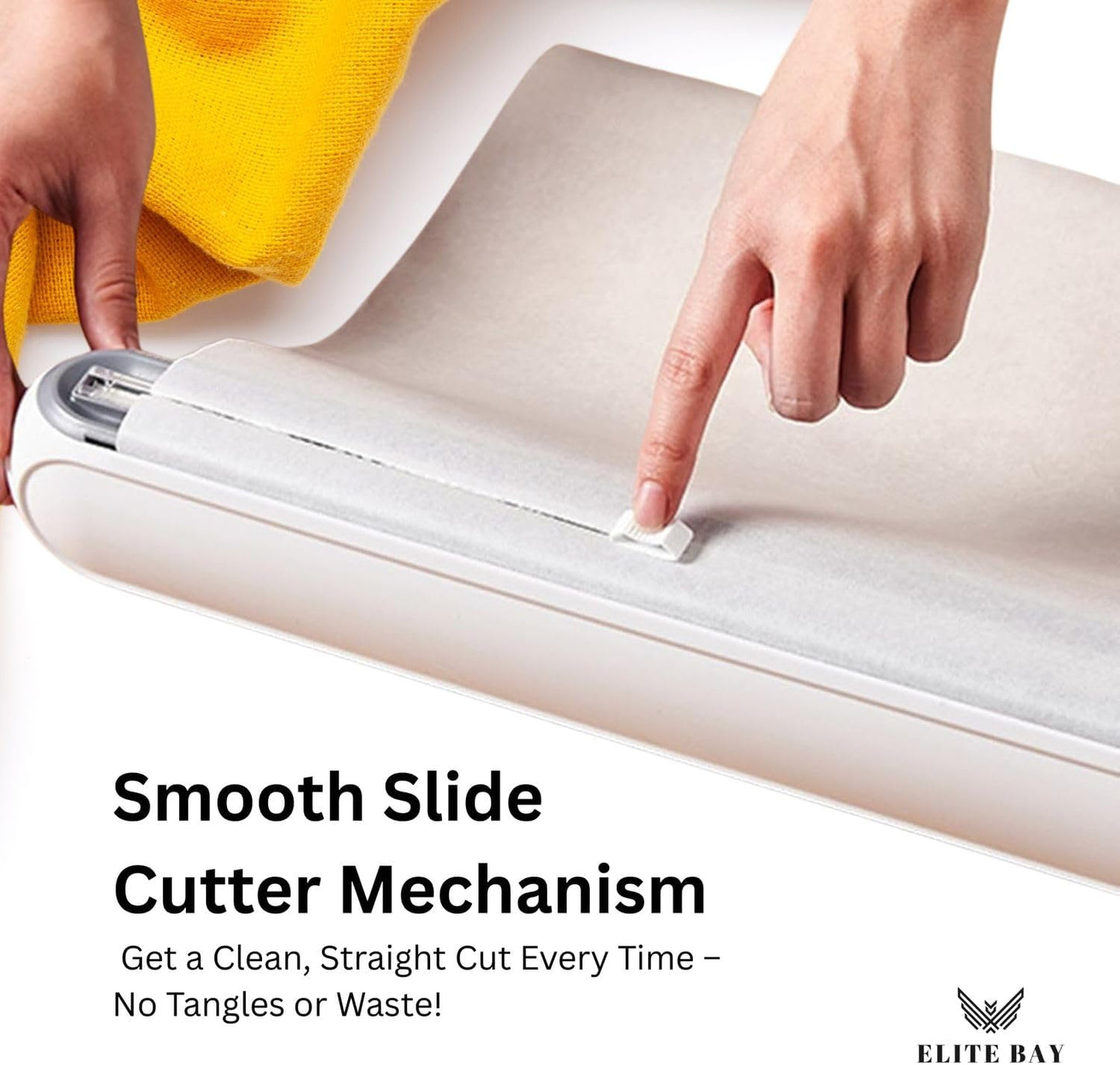 Food Plastic Wrap Dispenser with Sliding Cutter – Refillable ABS Wrap Cutter for Kitchen Use | Includes 80cm Plastic Wrap Roll | Compact, Safe & Easy to Use | Space-Saving Design in White.