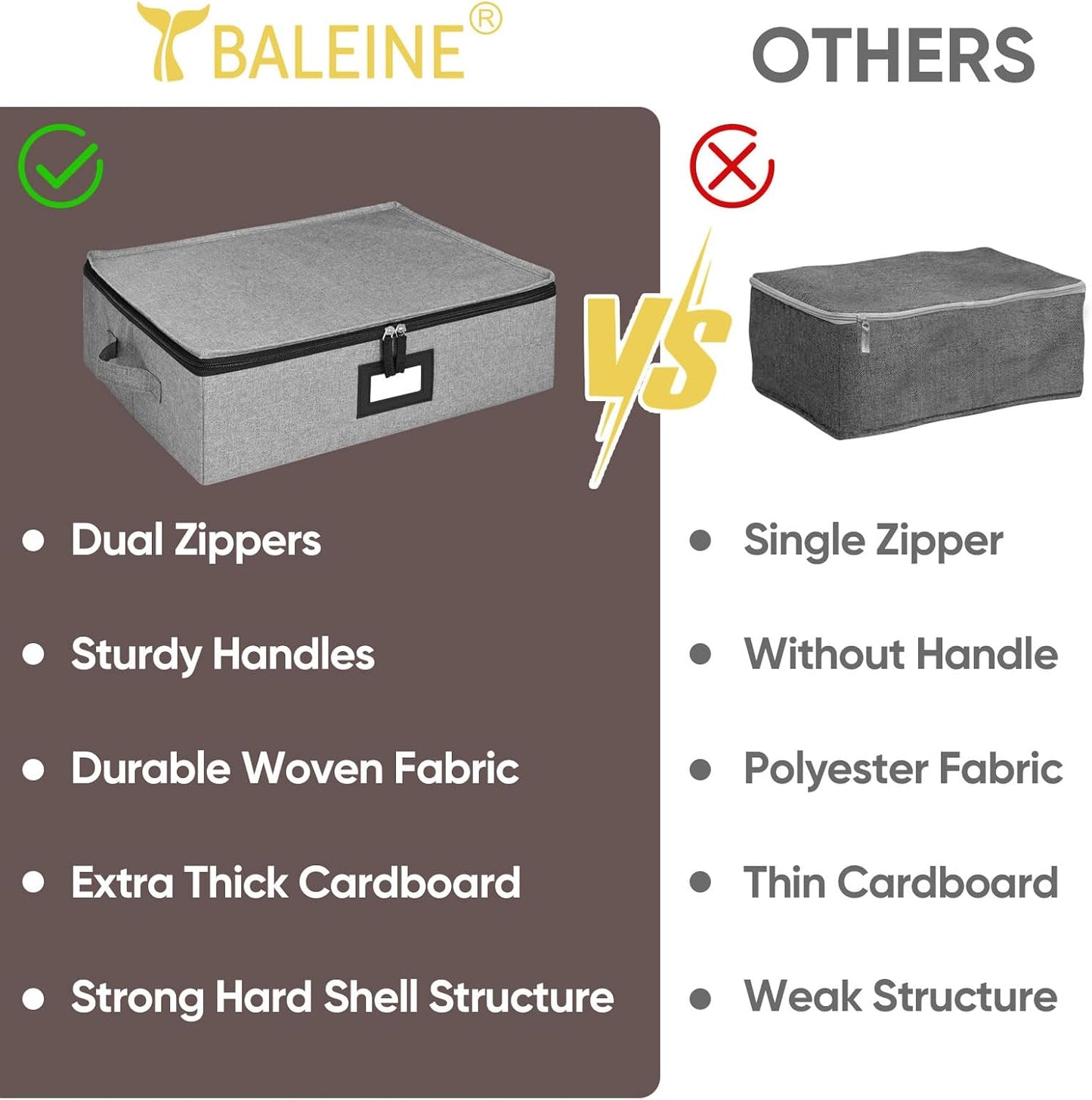 BALEINE China Storage Containers, Sturdy Quilted Wine Glass Storage, Plate Organizer with Carry Handles, Moving Boxes for Dishes, Cups, Mugs and Stemware (Mug, Hard Shell Grey)