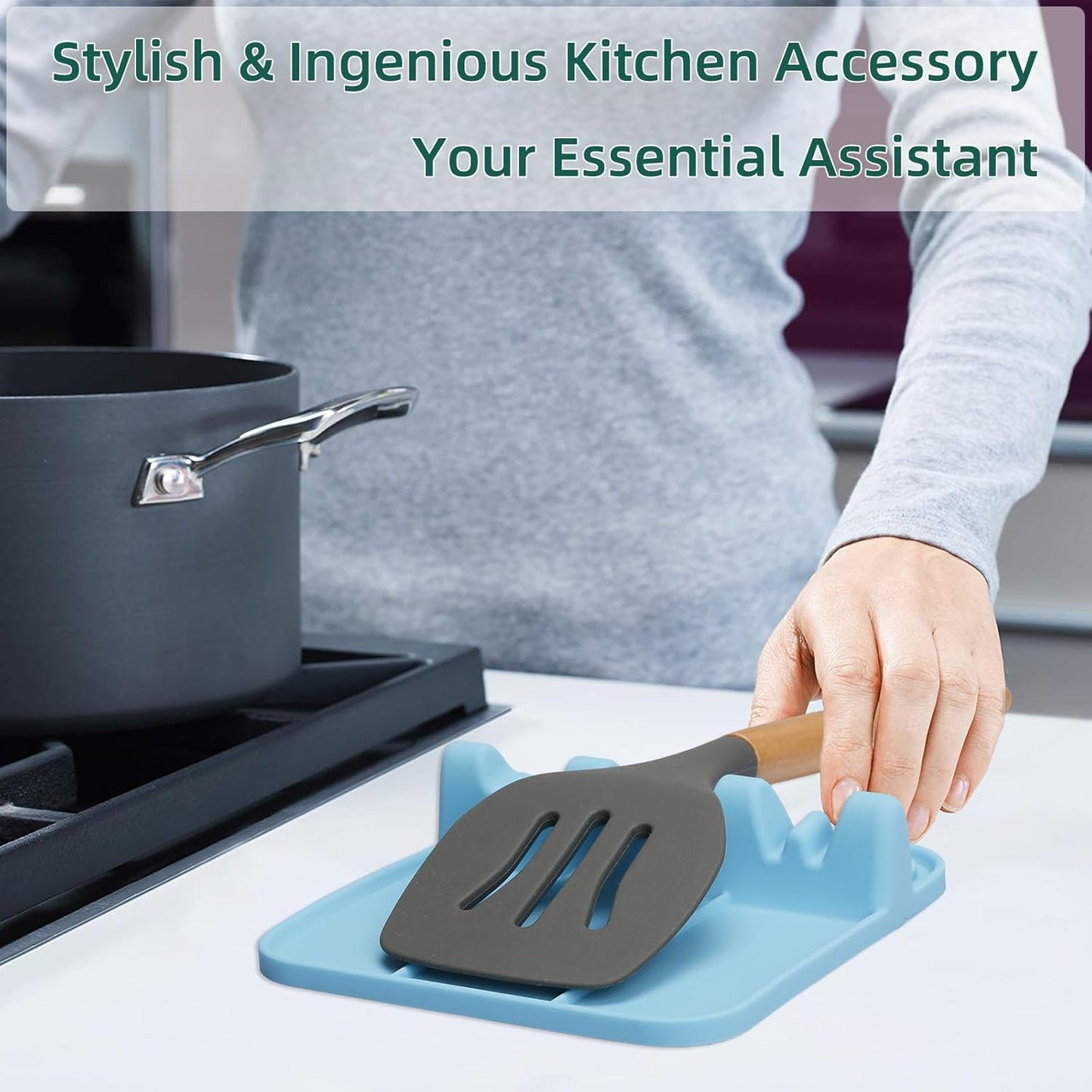 Spoon Rest, Silicone Spoon Holder for Stove Top with Drip Pad Suitable for Multiple Kitchen Gadgets, 3-Groove Upgraded Utensil Rest for Kitchen Counter, Heat-Resistant Dishwasher Safe, Lake Blue