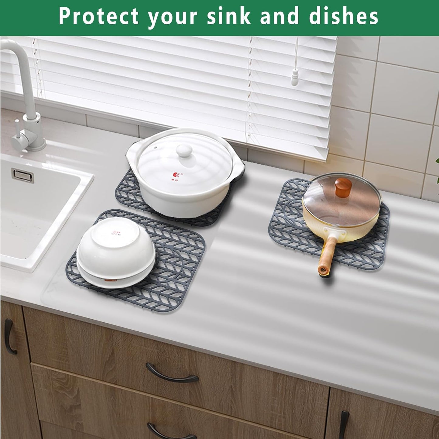 GUUKIN Sink Protectors for Kitchen sink, 13 5/8" x 11 5/8" Folding Non-slip Silicone Mat Grid for Bottom of Farmhouse Stainless Steel Porcelain Sink with 3 Reserved Holes
