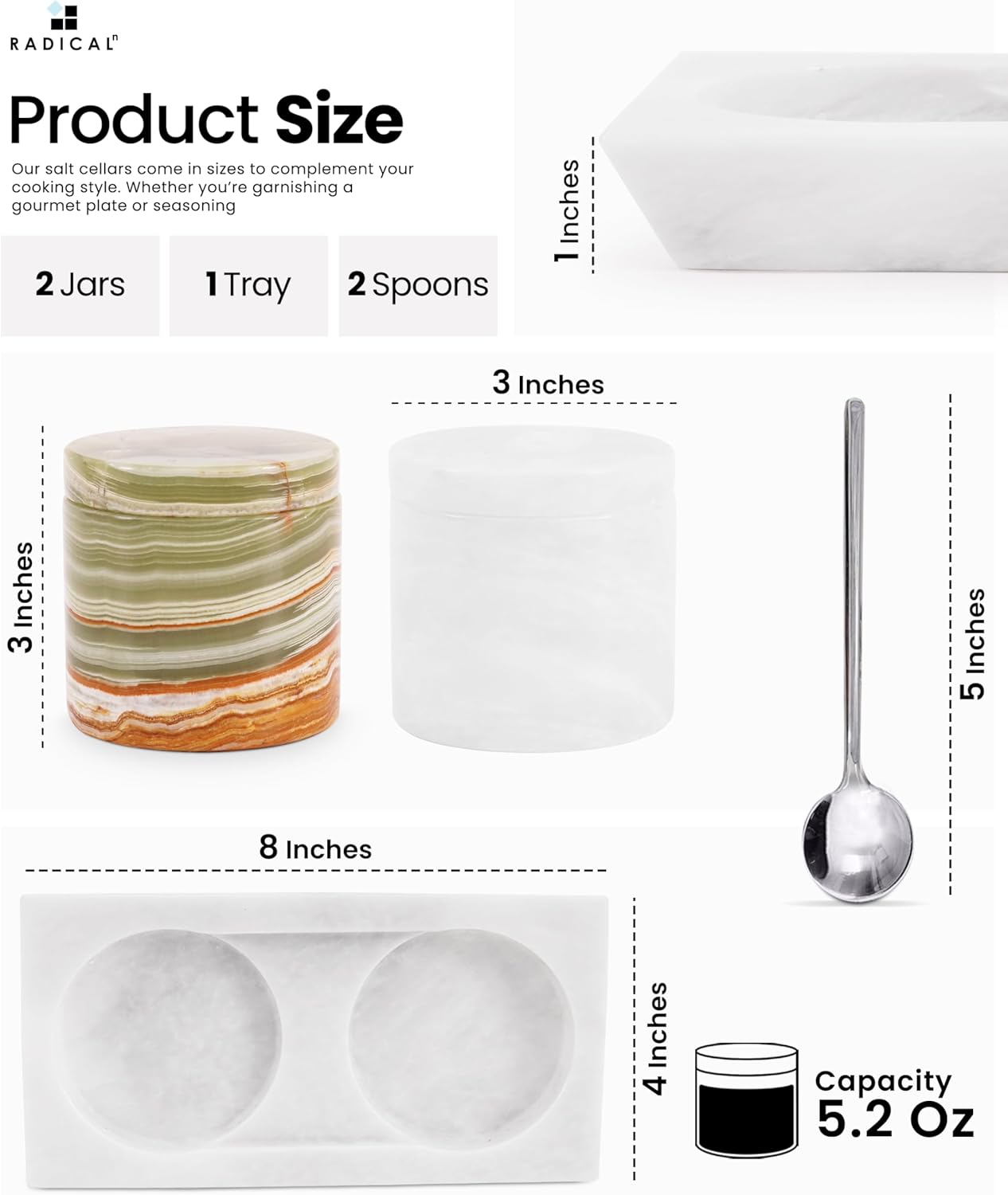 Radicaln Marble Salt Cellar With Lid and Tray 3" Inch White and Green Set of 2 Salt Container for Living Room, Ideal Salt Bowl For Kitchen countertop