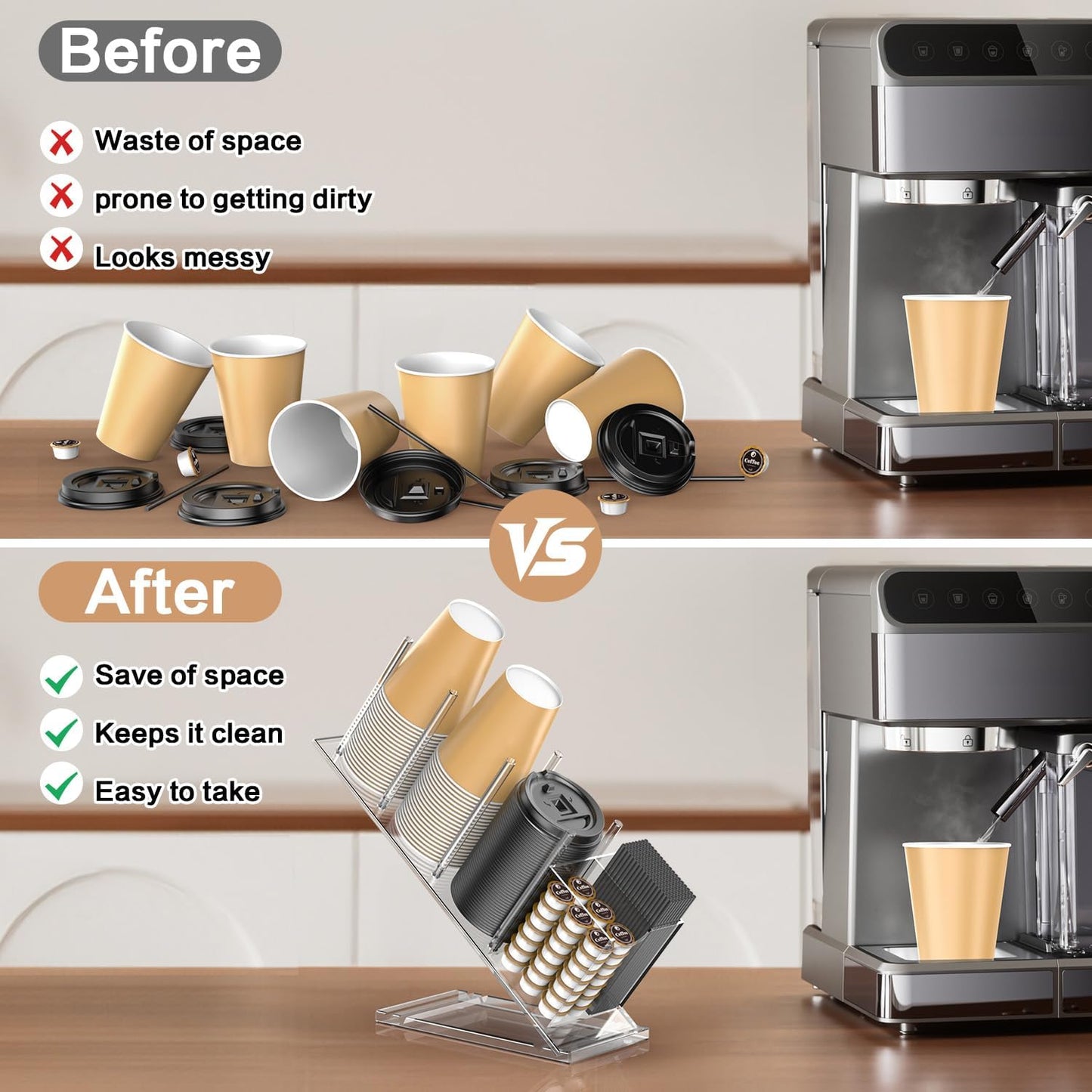 Acrylic Cup and Lid Holder with Straw Organizer, Adjustable Coffee Cup Holder Organizer, 5 Compartment Cup Dispenser for Disposable Paper & Plastic Cups, for Station Home Countertop Bar Breakroom