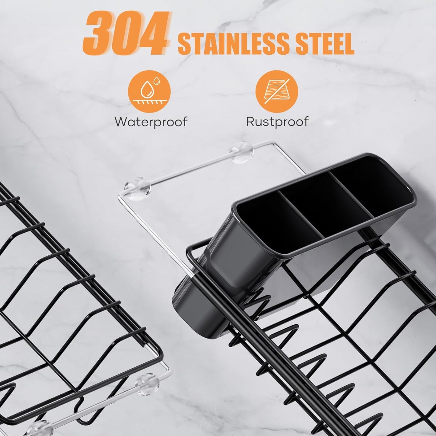 Stainless Steel Expandable Dish Drying Rack with Silicone Drying Mat and Removable Cutlery Holder for 14''-19'' Kitchen Sink