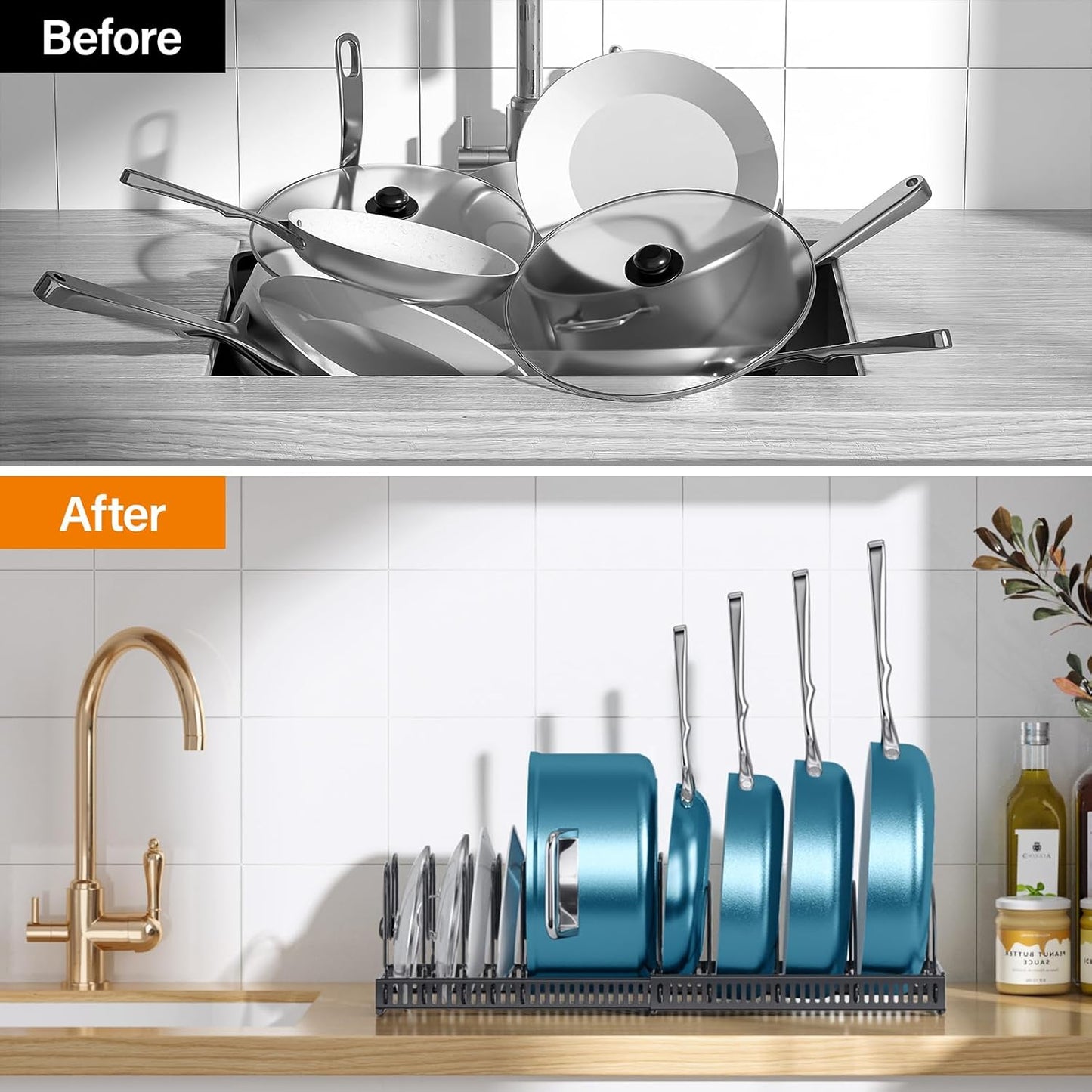 ORDORA Pots and Pans Organizer Under Cabinet, Expandable Cutting Board Pot Lid Organizer for Cabinet Holder with 10 Adjustable Dividers for Kitchen Storage