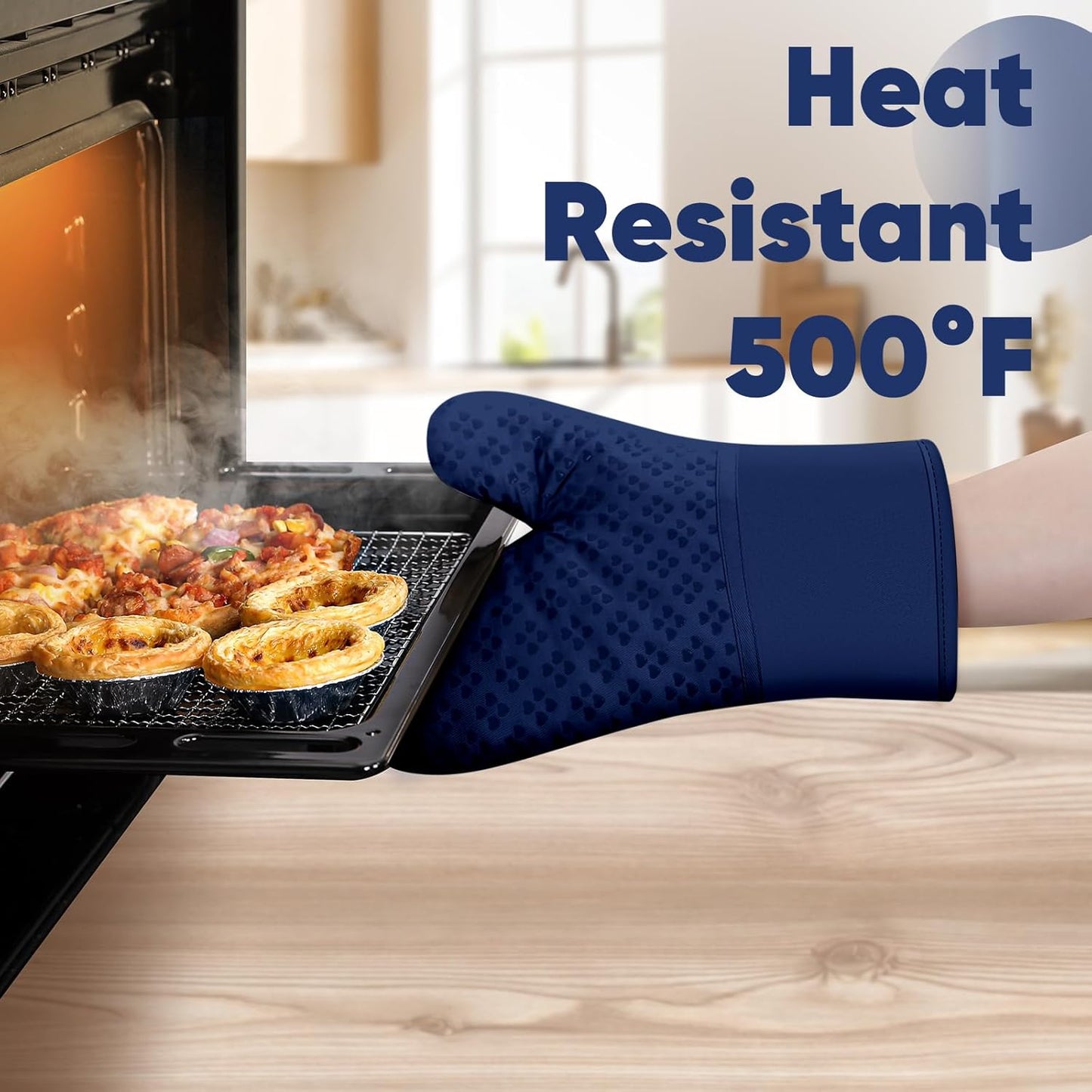 Oven Mitts and Pot Holders 4 Sets, Heat Resistant 500 ℉ Oven Mitt and Pot Holder,Oven Glove&Potholders with Non-Slip Silicone Surface,Kitchen Essentials for Cooking/Baking/BBQ-Marine Blue