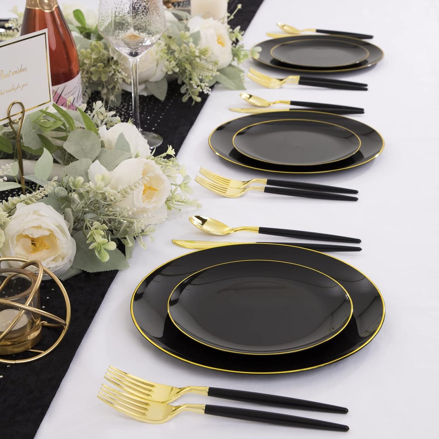 KIRE 60PCS Black Plastic Plates - Black Disposable Plates with Gold Rim for Party/Graduation - Include 30Pcs 10.25inch for Dinner and 30Pcs 7.5inch for Dessert