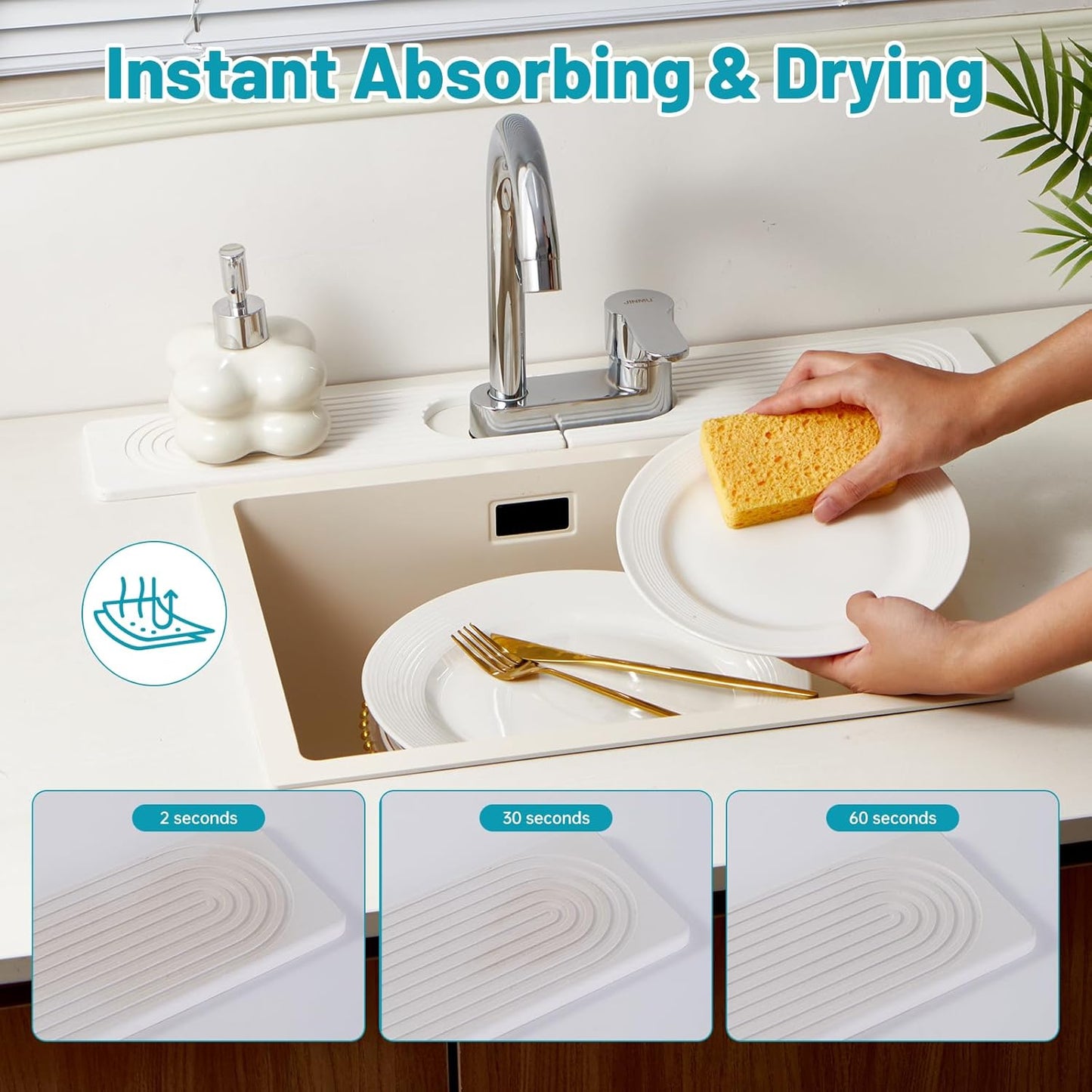 Stone Faucet Mat for Kitchen Sink with Oval Hole – 23.6" × 3.9" Diatomite Drying Stone Mat & Sink Protector, Quick-Dry Splash Guard Water-Absorbing Tray for Bathroom Counter(White.23.6" x 3.9")