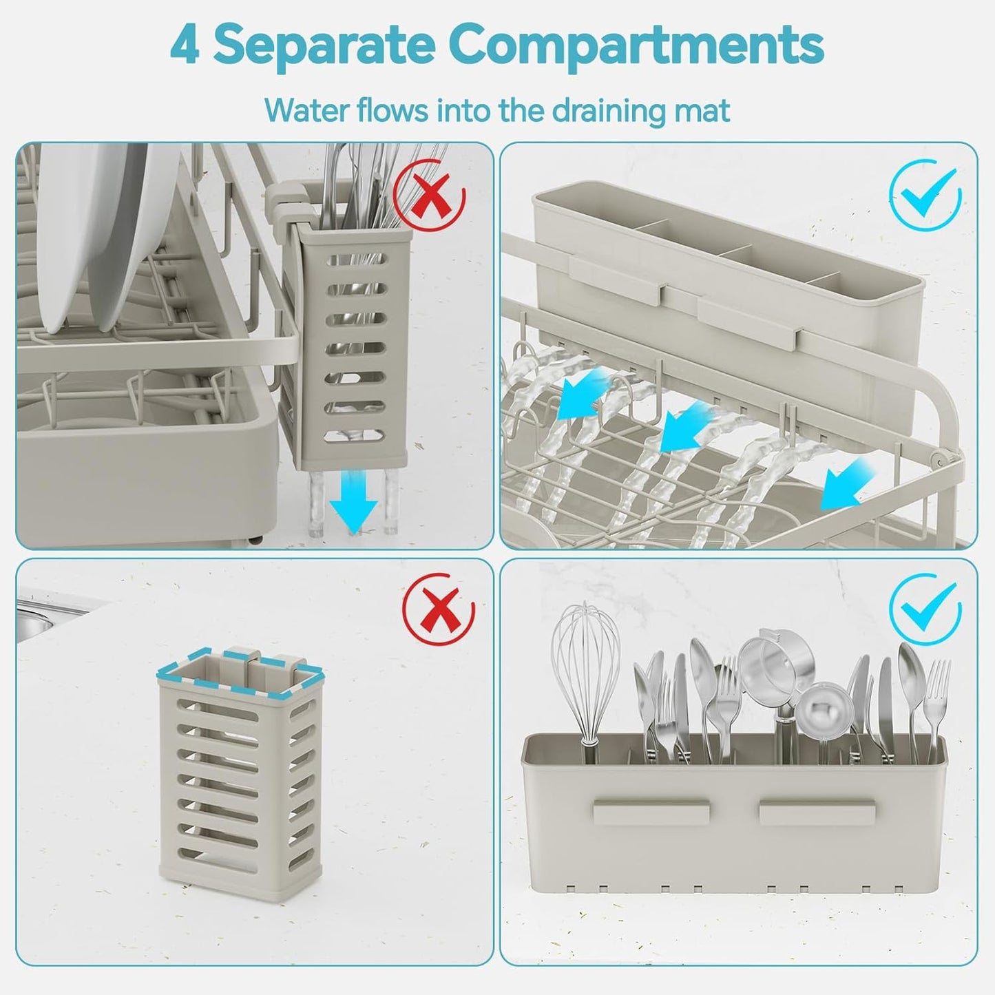 Dish Drying Rack Kitchen - Dish Racks for Kitchen Counter Space-Saving, Dish Drainer with Automatic Drain and Adjustable Spout, Dishwasher Rack with Cutlery Holder, Easy to Install, Grey