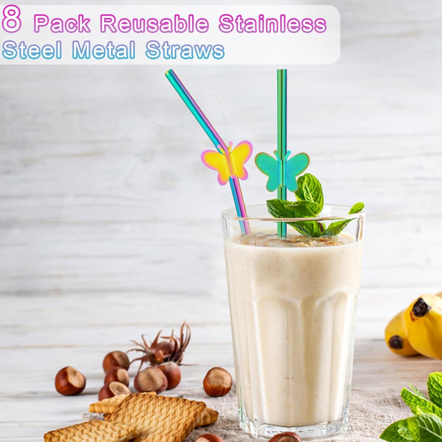 8 Pack 8" Reusable Stainless Steel Metal Straws Colorful, 4 Straight + 4 Bent Metal Drinking Straws for Tumblers Beverage Drink with Butterfly Charms and 1 Cleaning Brush