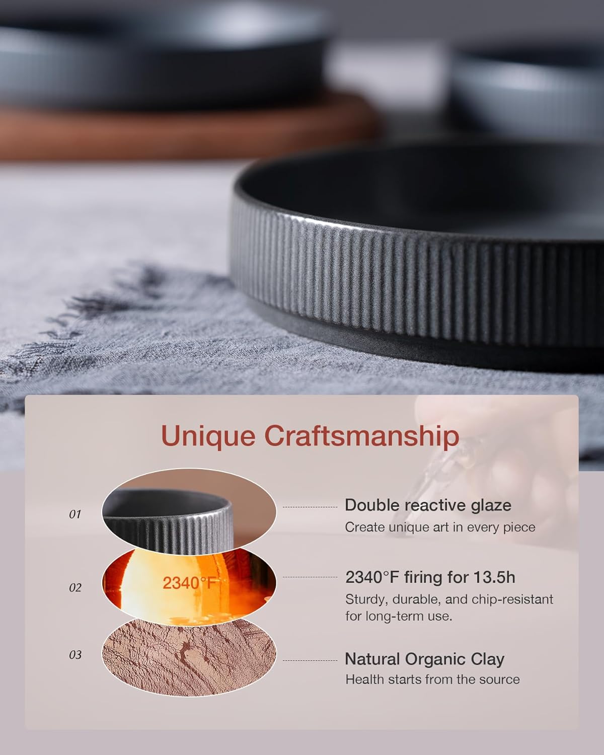 famiware Star 7.5" Pasta Bowls Set, Salad Bowl Set of 6, Double Reactive Glaze, Stackable, Perfect for Your Friend for Housewarming, Thanksgiving, Christmas, Matte Dark Charcoal (Full Glaze)